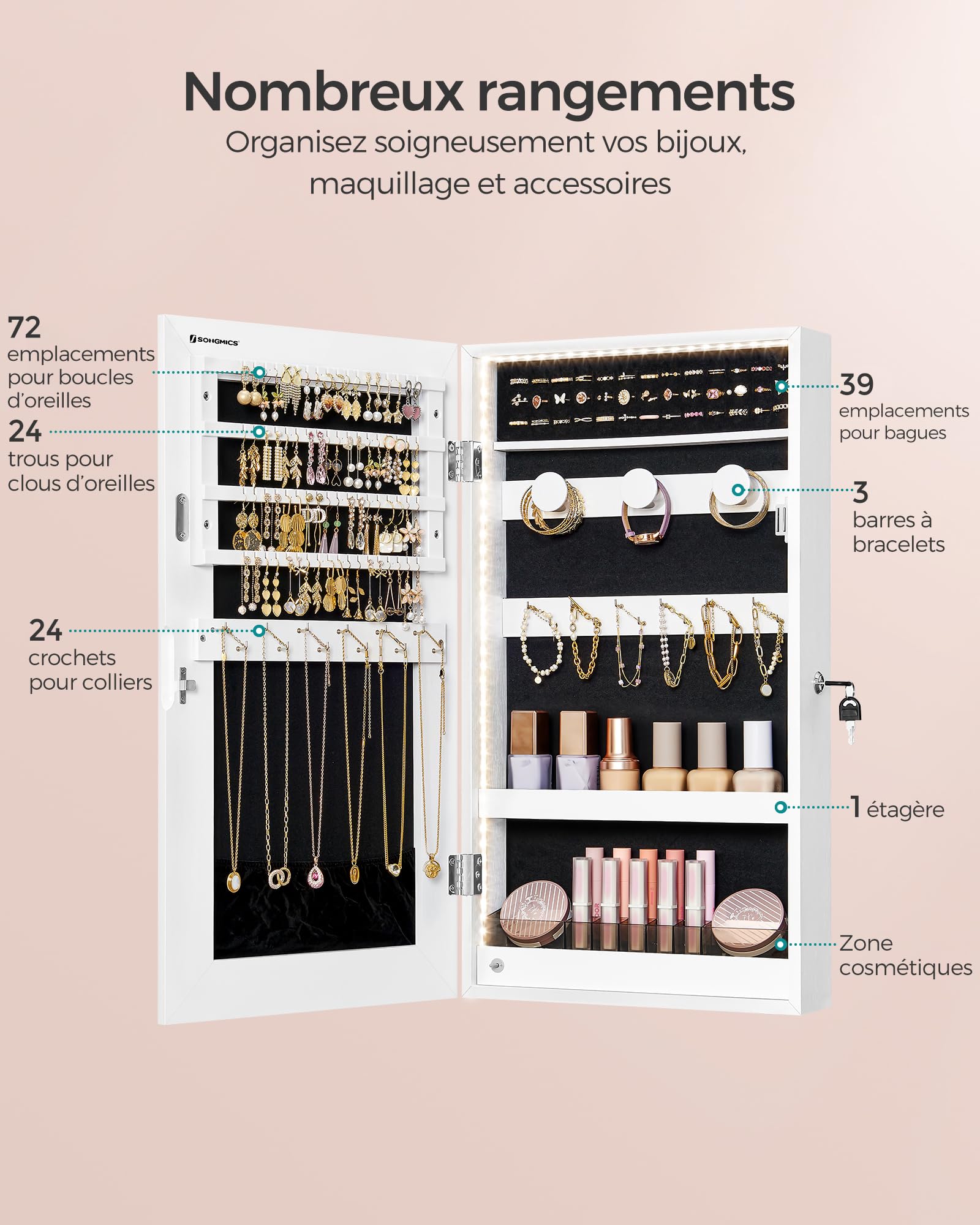 SONGMICS Armoire à Bijoux Miroir avec Éclairage LED Intégré, Rangement pour Bijoux Mural ou à Suspendre sur Une Porte, Armoire Miroir Suspendue 9,7 x 37 x 67 cm, Blanc JJC050W01