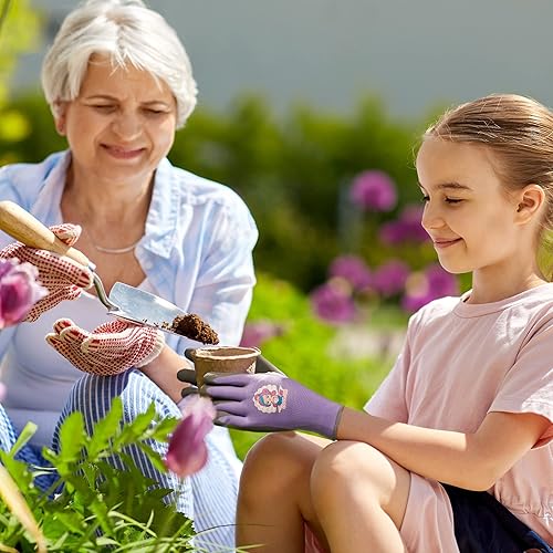 Miniatura 5 de COOLJOB 3 pares de guantes de jardinería para niños de 9 a 12 años, guantes de trabajo con revestimiento de goma agarre, color morado, rosa y