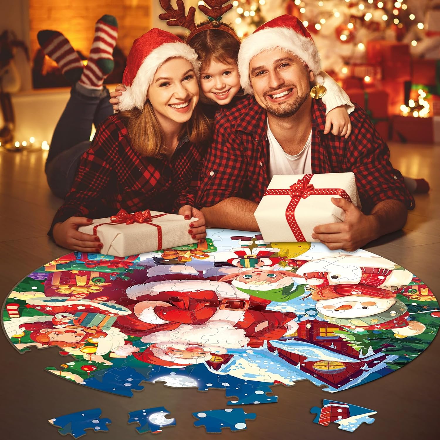 ZOIIWA 22.8Inch Christmas Jumbo Floor Puzzle for Kids Xmas Tree Santa Large Round Puzzles for Toddler 3-8 Years Children Winter Holiday Snowman Educational Toys Jigsaw Puzzles Gift for Boy Girl 71pcs