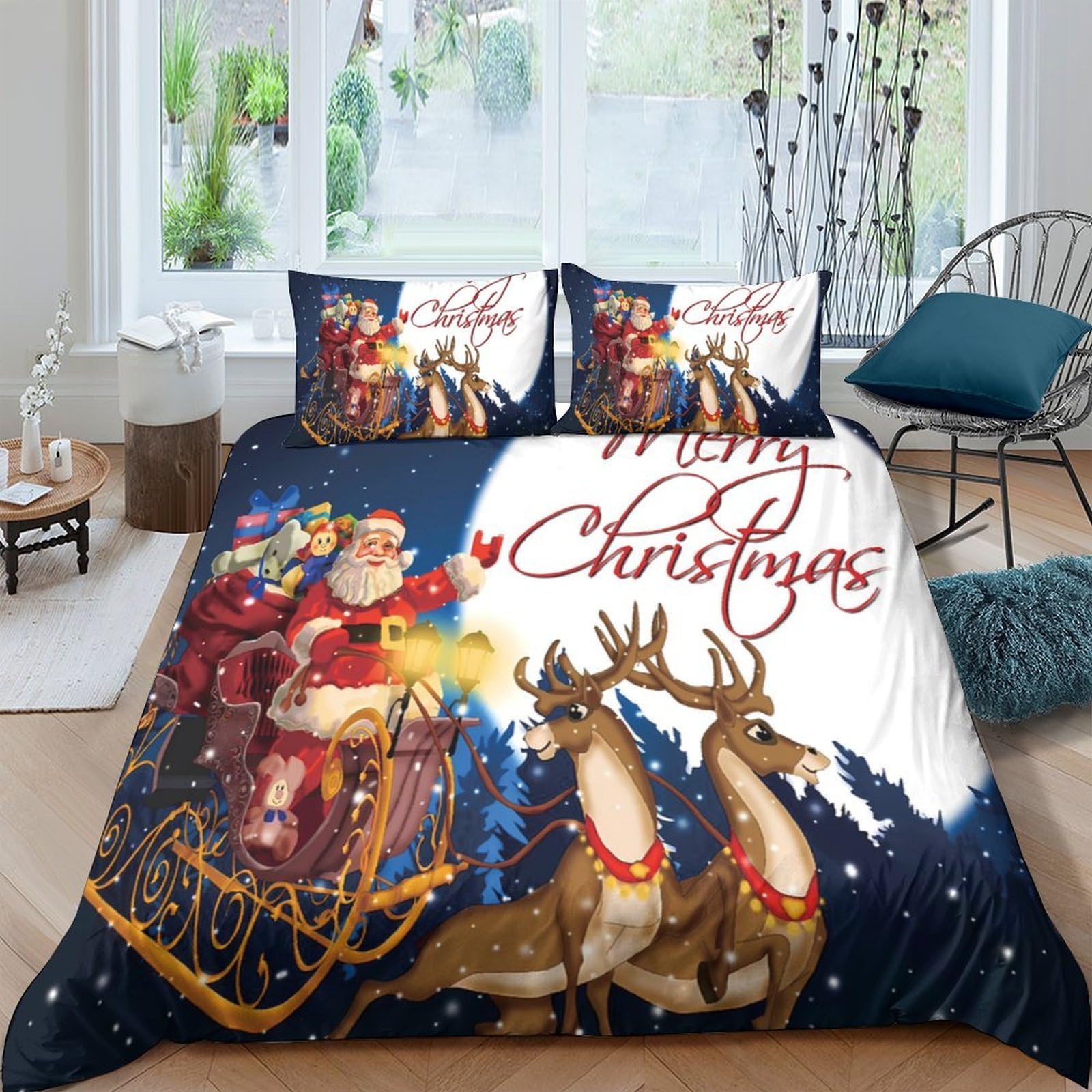 Ctjqhvkz Style-3 3D Printed Christmas Santa Sleigh Fitted Sheet Microfiber Soft Non-Slip Festive Reindeer Bed Cover For Bedroom Guest Room Single（135X200cm）