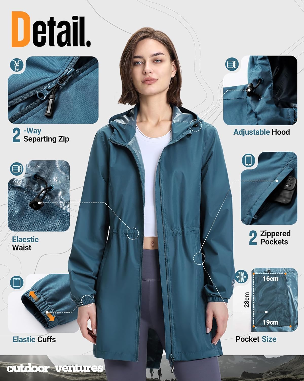 Outdoor Ventures Women's Waterproof Long Rain Coats Packable Lightweight Rain Jacket With Hood Windproof Trench Coats - Image 4