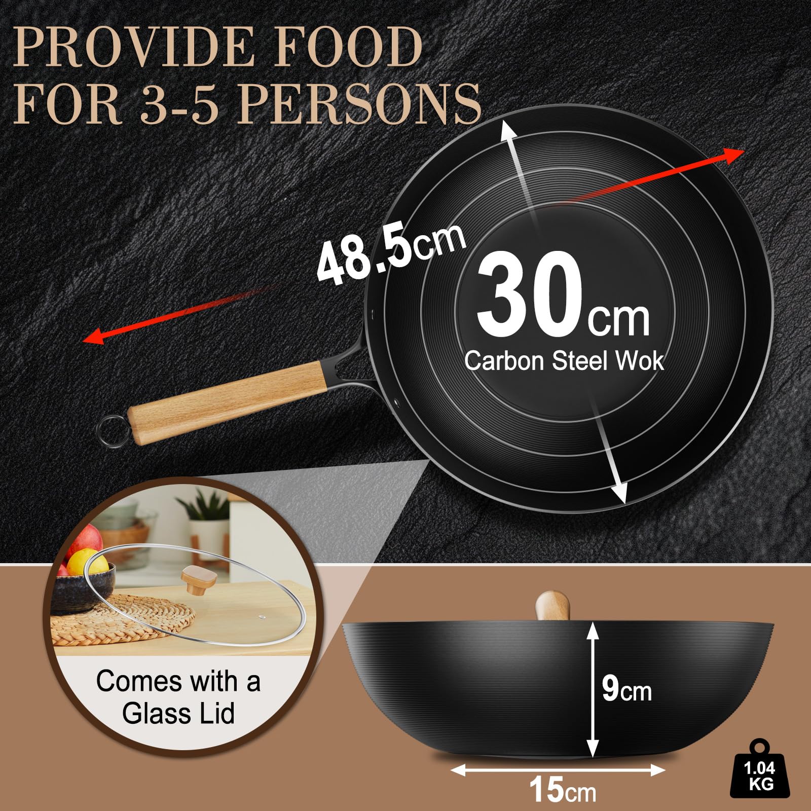Jobin 30cm Wok Antiaderente con Coperchio, Wok Induzione Senza Rivestimento Chimico e Grande Capacità per Porzioni di cibo per 3-5 Persone, Ideale Padella per Fornelli a Induzione, Elettrici e a Gas