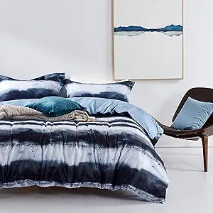 MILDLY 100% Long-Staple Cotton Duvet Cover Set Navy & White Striped Watercolor Pattern Printed Comforter Cover 2pcs, Ultra Soft & Breathable Bedding Set