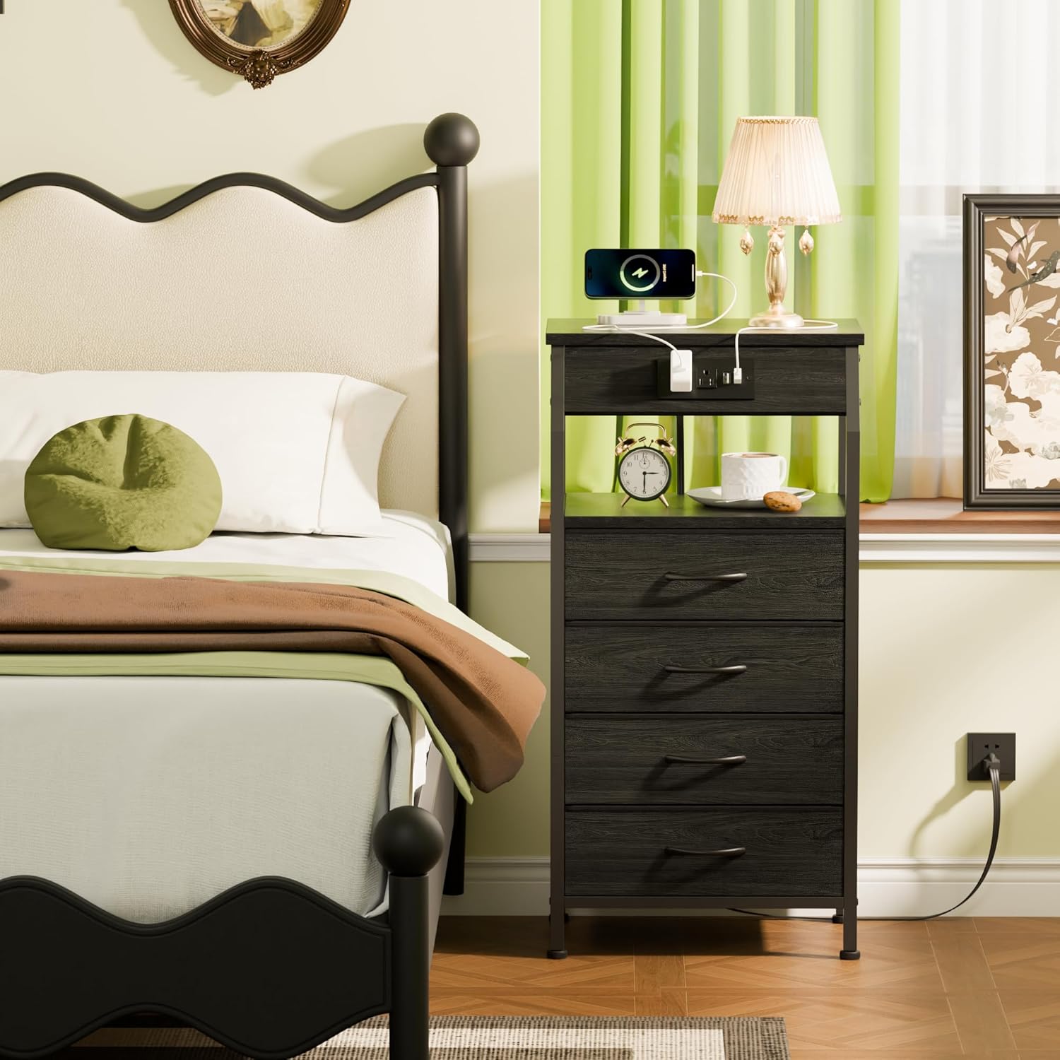 Furnulem Night Stand with Charging Station, 4 Drawer Dresser with Storage Shelf, 33.3 Inch Tall Side Table, Fabric End Table for Closet, Entryway, Bedside Furniture, 3 Ways to Use, Black Oak - Image 2