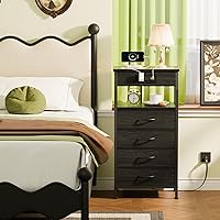 Vista 2 de Furnulem Night Stand with Charging Station, 4 Drawer Dresser with Storage Shelf, 33.3 Inch Tall Side Table, Fabric End Table for Closet, Entryway