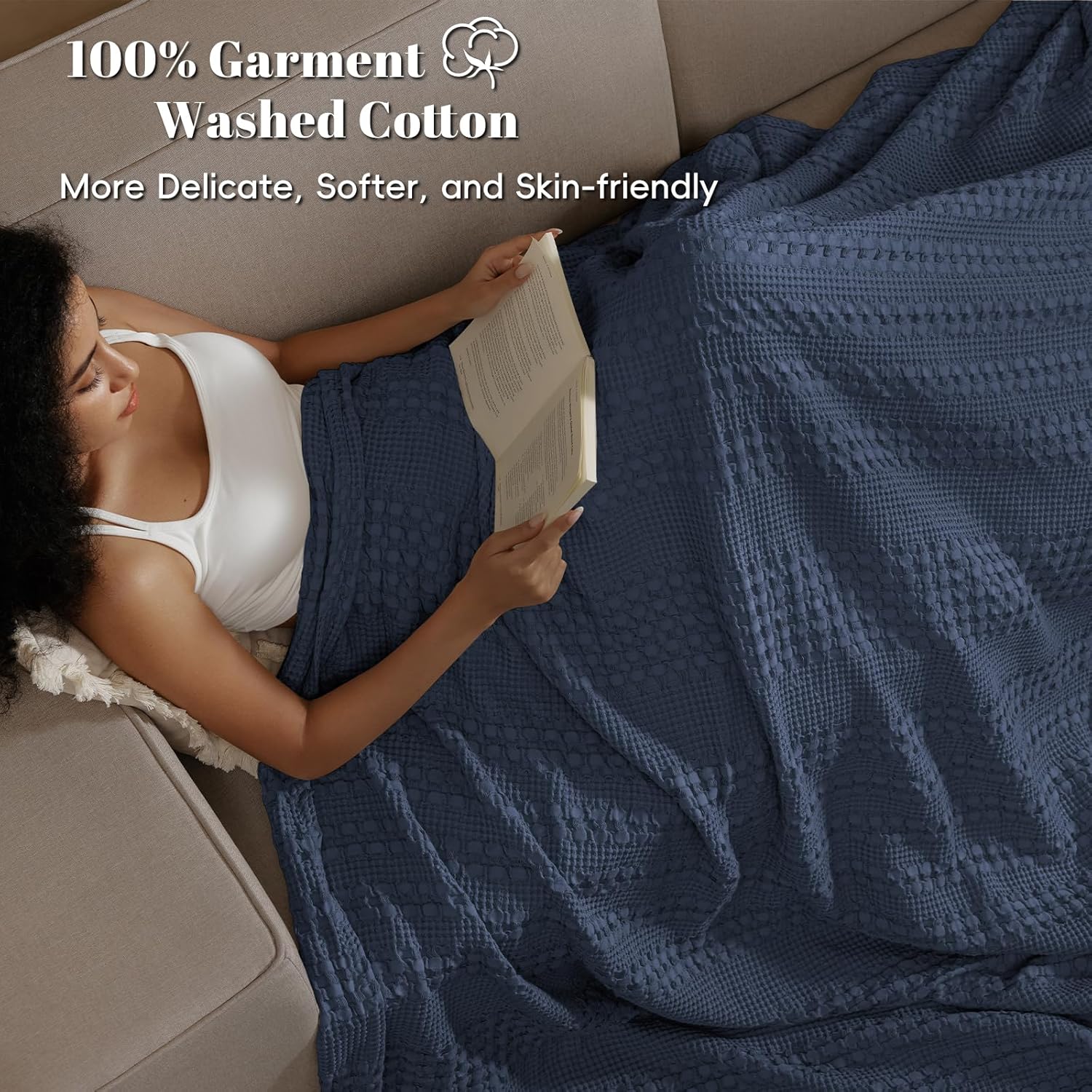 PHF 100% Cotton Waffle Weave Blanket Queen Size for Bed, Soft Lightweight & Breathable for Spring and Summer, All-Season Comfort, Luxury Aesthetic Blanket for Home Decor, 90"x90", Indigo - Image 2