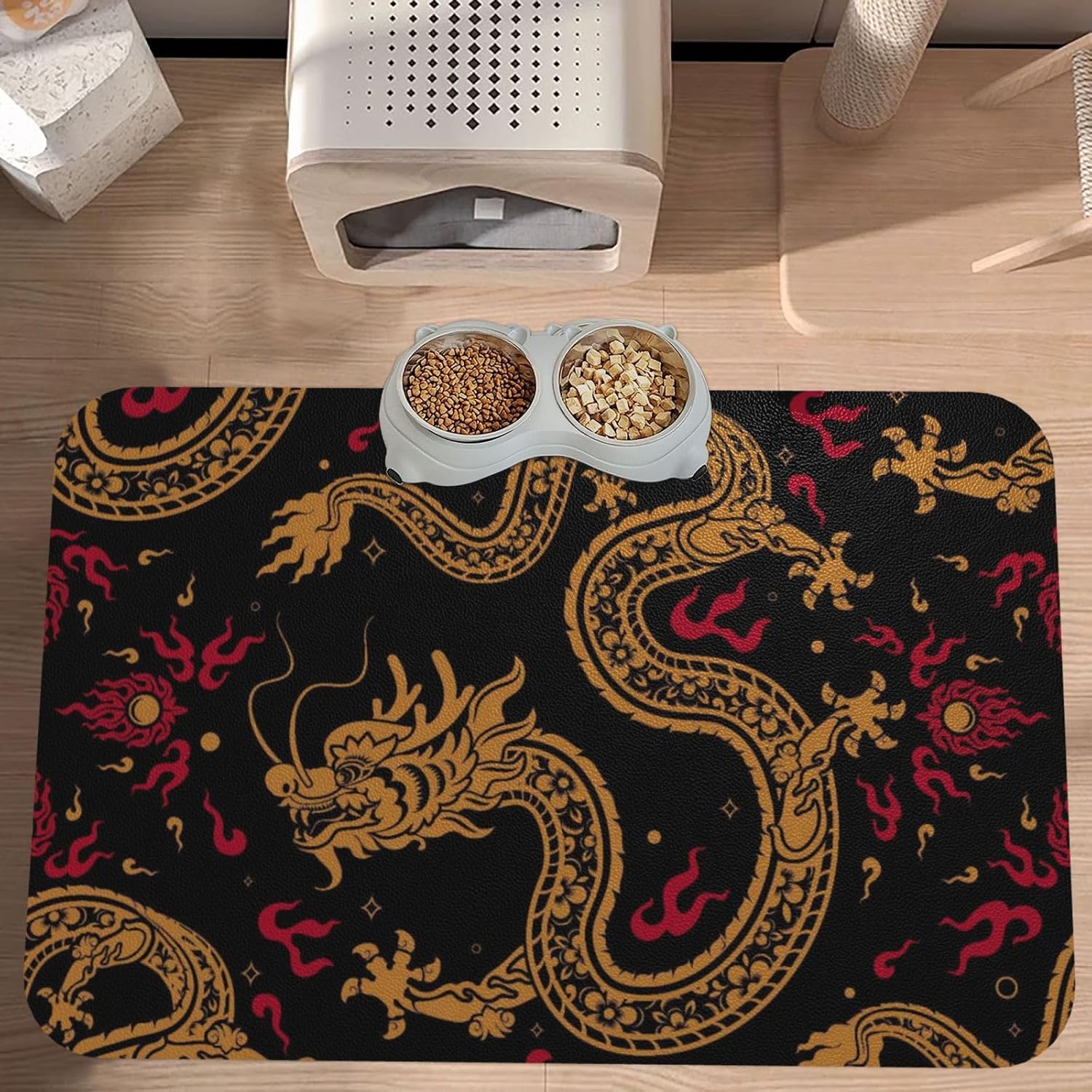 Cool Dragon Pattern Leather Absorbent Pet Feeding Mat Non-Slip for Dogs Cats 40x60cm