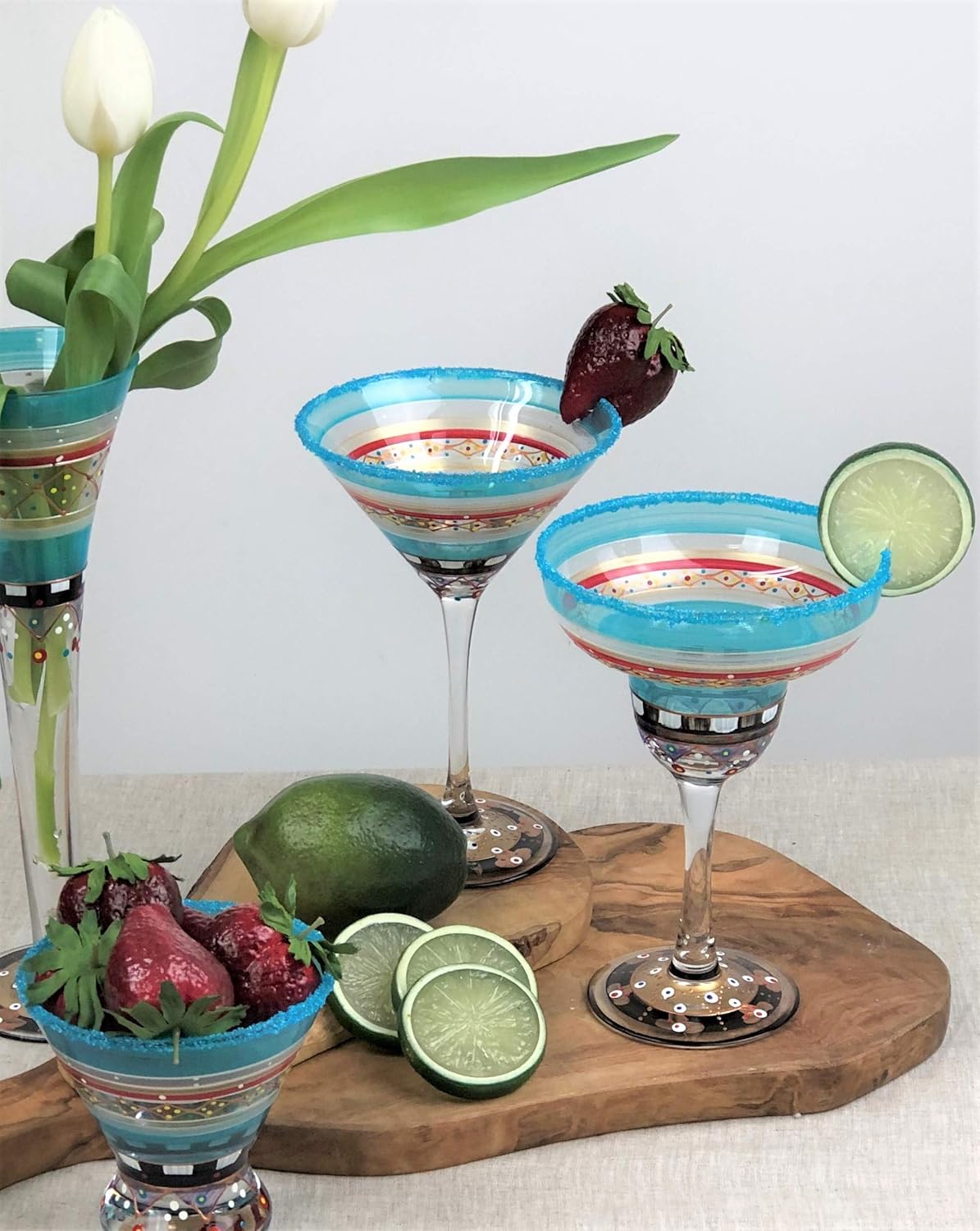 Hand Painted Martini Glasses Set of 2 - Moroccan Mosaic Carnival Collection - Hand Painted Glassware by USA Artists - Unique and Decorative Martini Glasses, Kitchen Table Décor