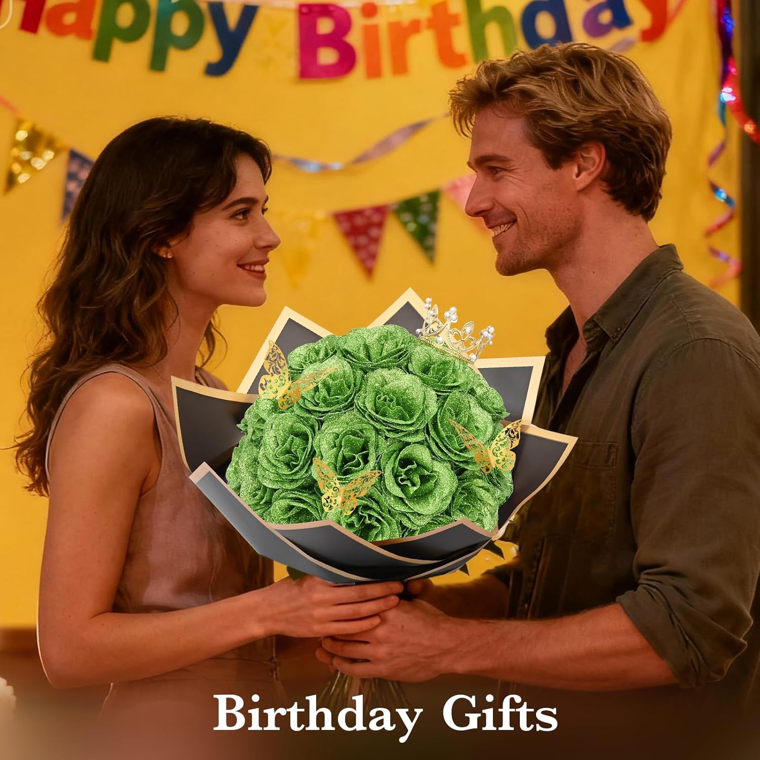 Waipfaru Glitter Roses Bouquet, DIY Green Fake Flowers Bouquet, Birthday Gifts for Women Mom, 36 Pcs Rose for Wife Girlfriend Valentines, Mothers Day, Graduation, St. Patrick's Day thumbnail