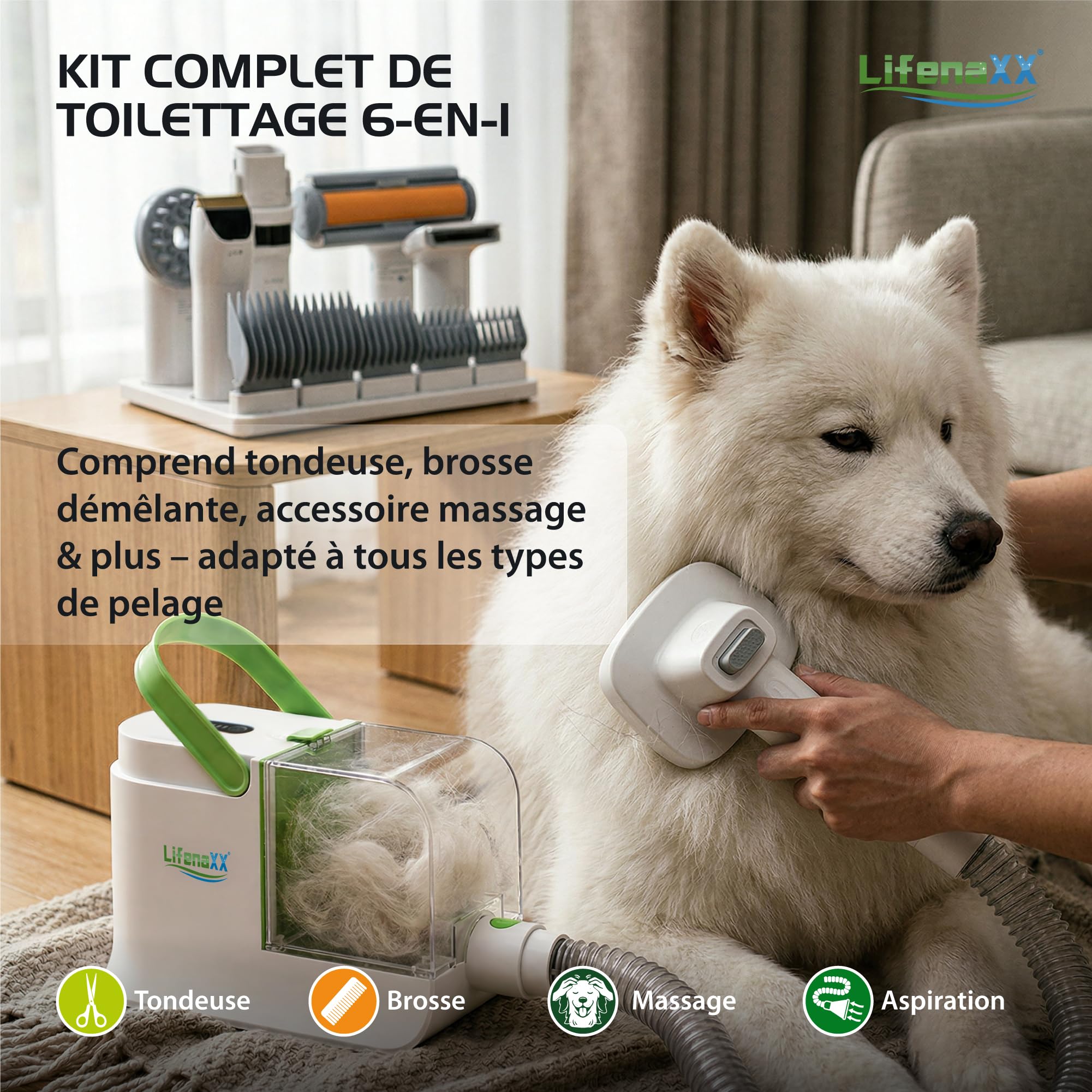 Lifenaxx Tondeuse Animale 6-en-1 avec Aspiration – Kit Toilettage pour Chiens & Chats, Silencieuse, Tondeuse avec 6 Sabots, Brosse Démêlante, Brosse de Massage, Collecteur à Poils 1,5L - LX-052
