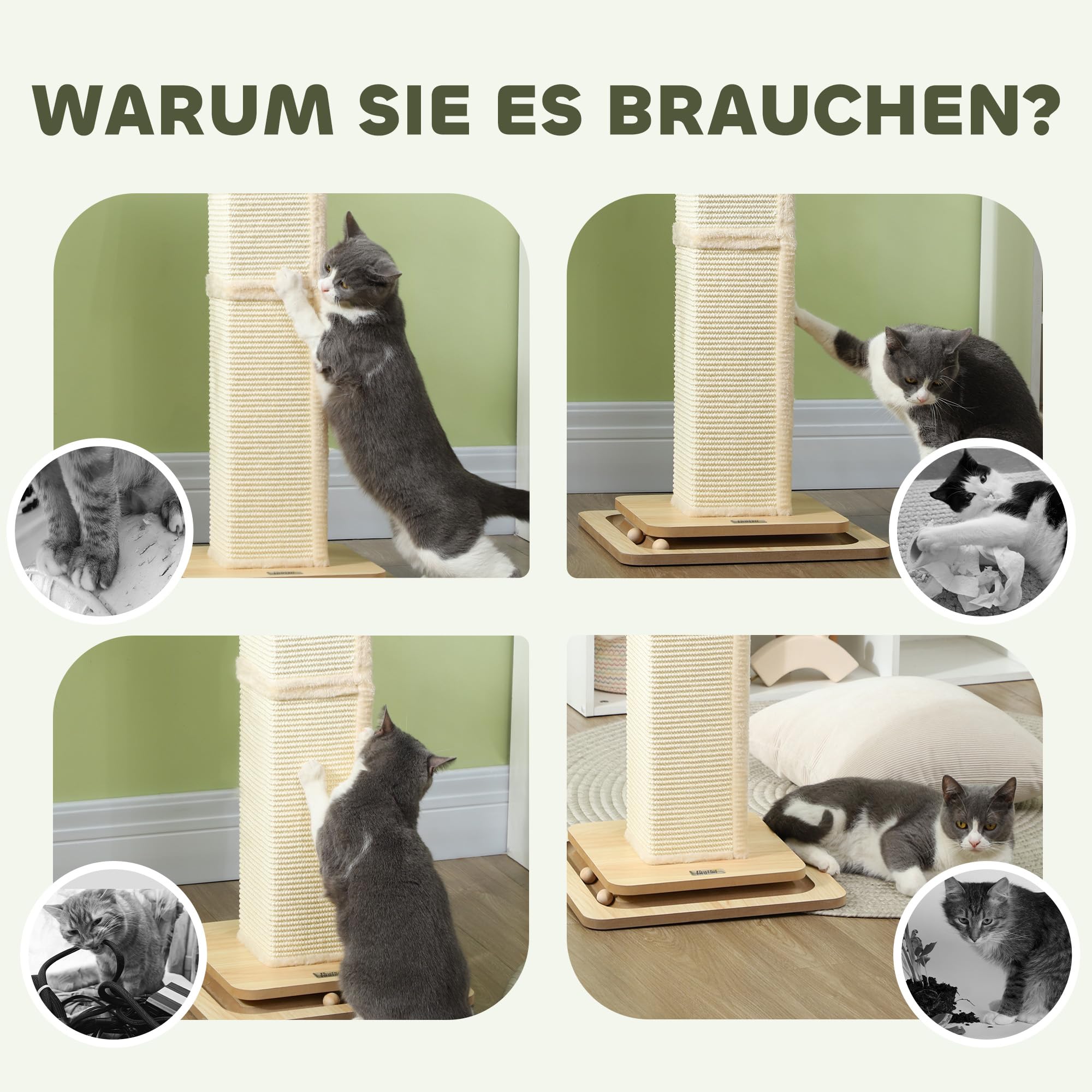 PawHut Kratzsäule für Katze 87 cm hoch Kratzbaum klein mit Spielball Sisalseil Kratzstamm Katzenbaum Sisalstamm für Katzen Eiche