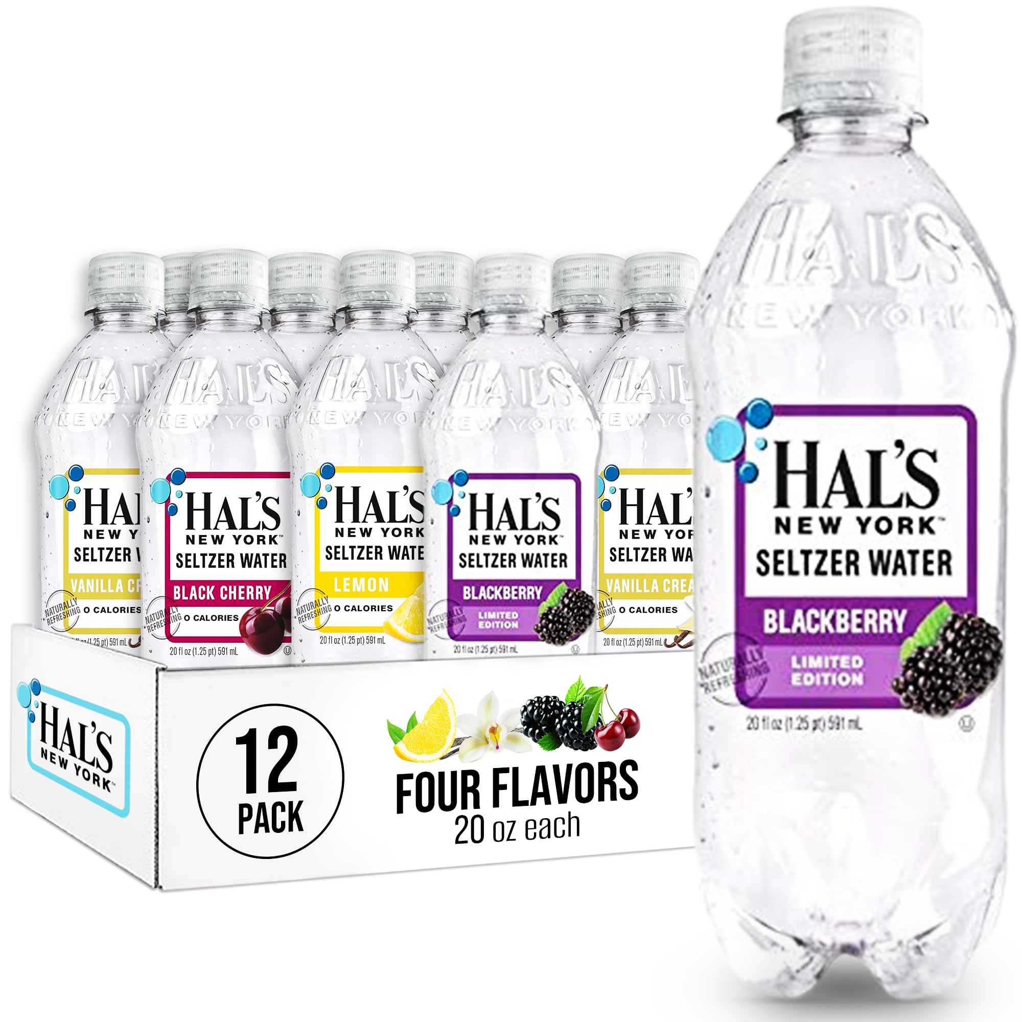 Hal's New York Seltzer Water, Best Sellers 4-Flavor Variety Pack Sparkling Water, 20 Fl Oz Bottle (Pack of 12)