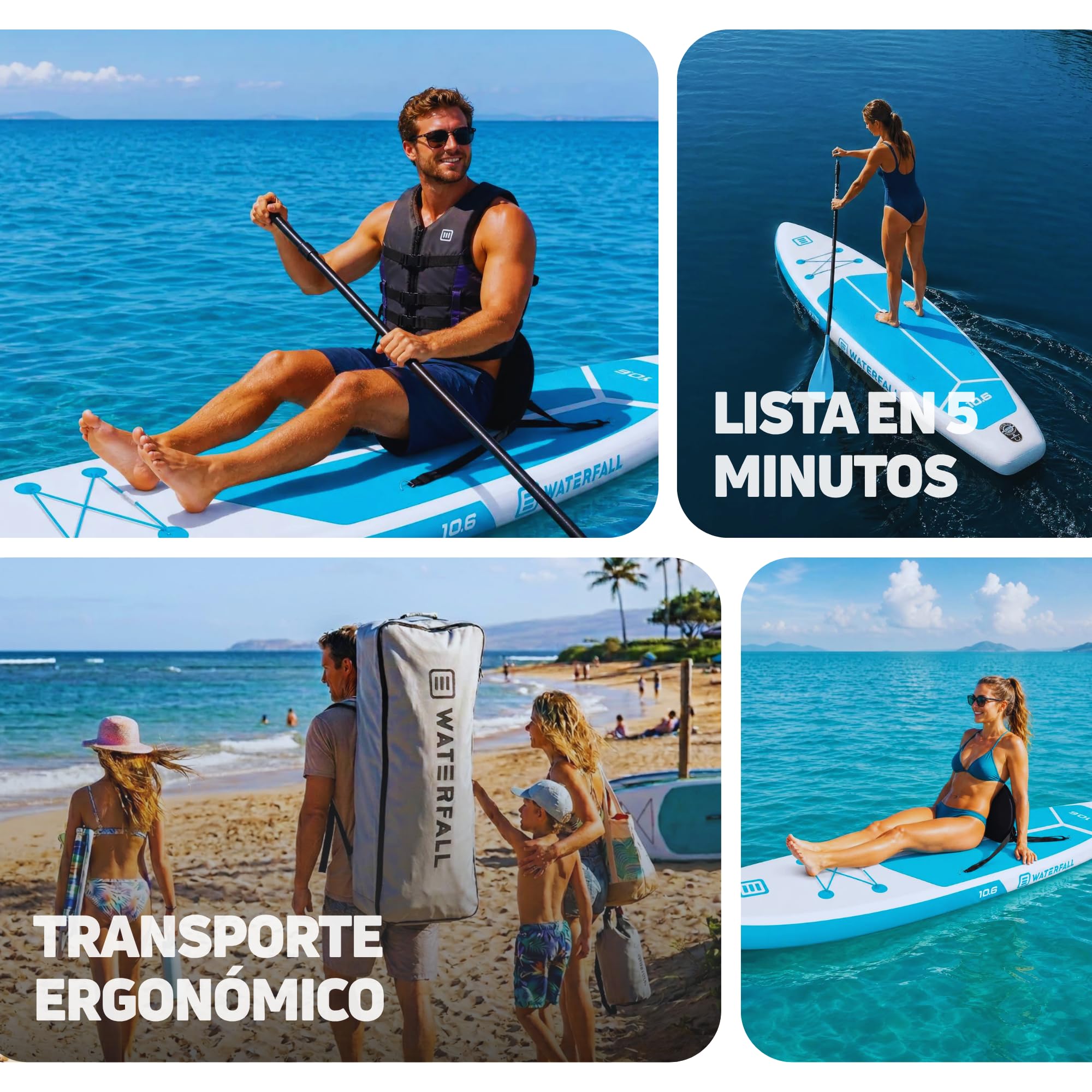 Waterfall Tabla Paddle Surf Hinchable Touring 10.6, Stand Up Paddle Board Sup Travesía Adultos, Jóvenes, Kit Accesorios, Remo, Mochila, Preinstalación Asiento Kayak, Estable, Ligera, 320x81x15cm