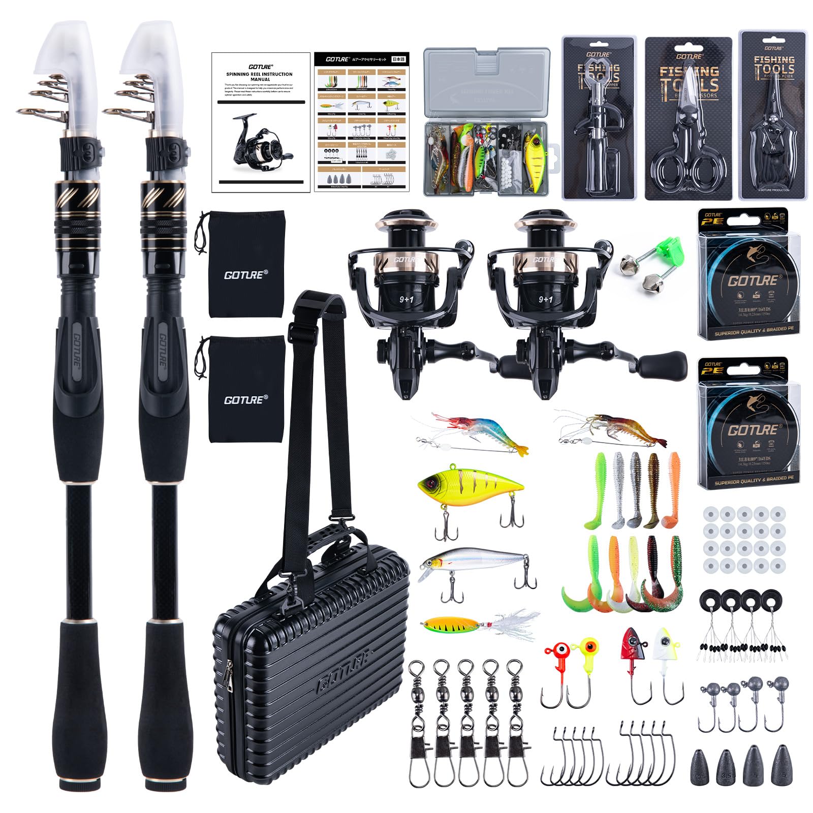 Goture Double Fishing Rod and Reel Combos, Telescopic Pole Spinning Reel Lures Set, Telescopic Fishing Rod Fishing Kit for Travel Saltwater Freshwater B 2.4M