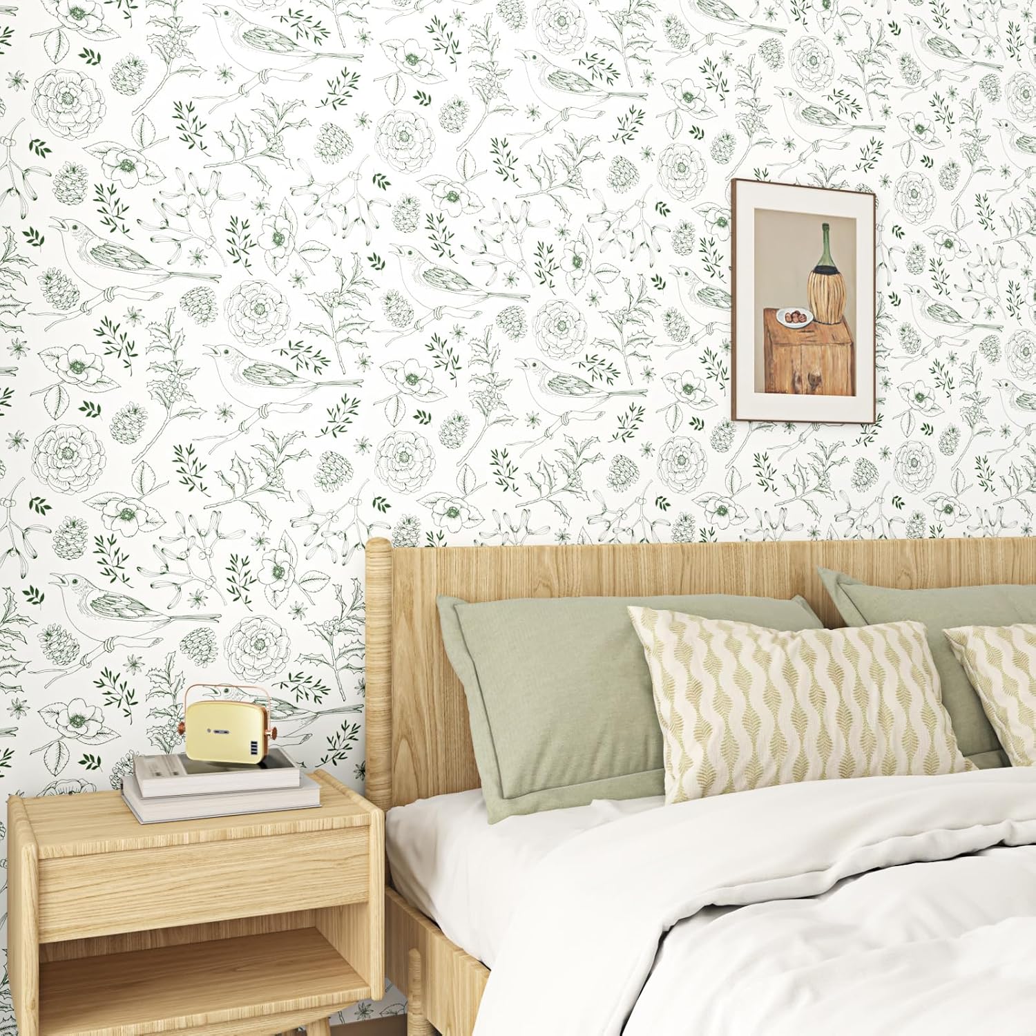 Floral Bird Sketch Wallpaper Peel and Stick Green Neutral Wallpaper Boho Animals Sketch Wall Paper Self Adhesive Removable Wallpapers for Bedroom Laundry Room Walls Cabinet 17.5 ×102''