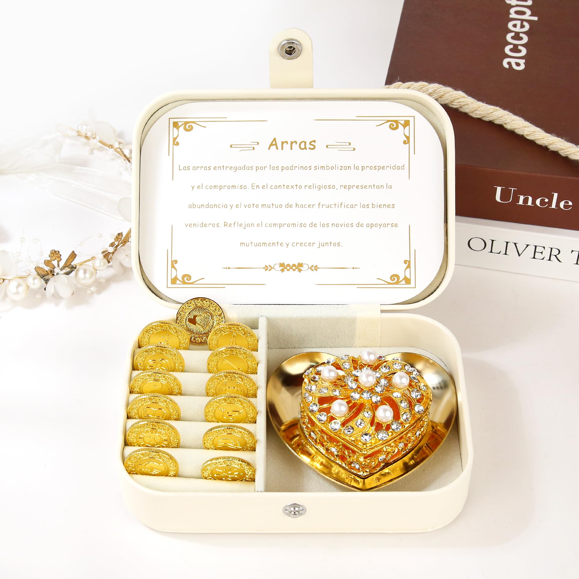 TINGKU Arras de boda en inglés – Arras para Boda Católica, Arras de Boda Cristiana con 13 monedas de bendición, Arras de boda cristiana, Decoración para Bodas, Caja de cuero-Monedas de Oro PLD