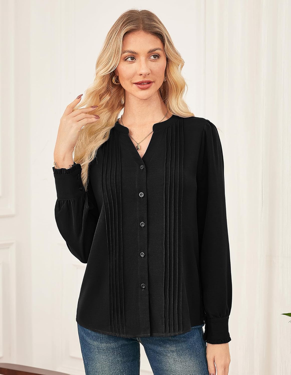 Black Tops for Women Business Dressy Casual Henley V Neck Long Sleeve Blouses Pleated Button Down Shirts Fall Outfits 2025, Small - Image 5