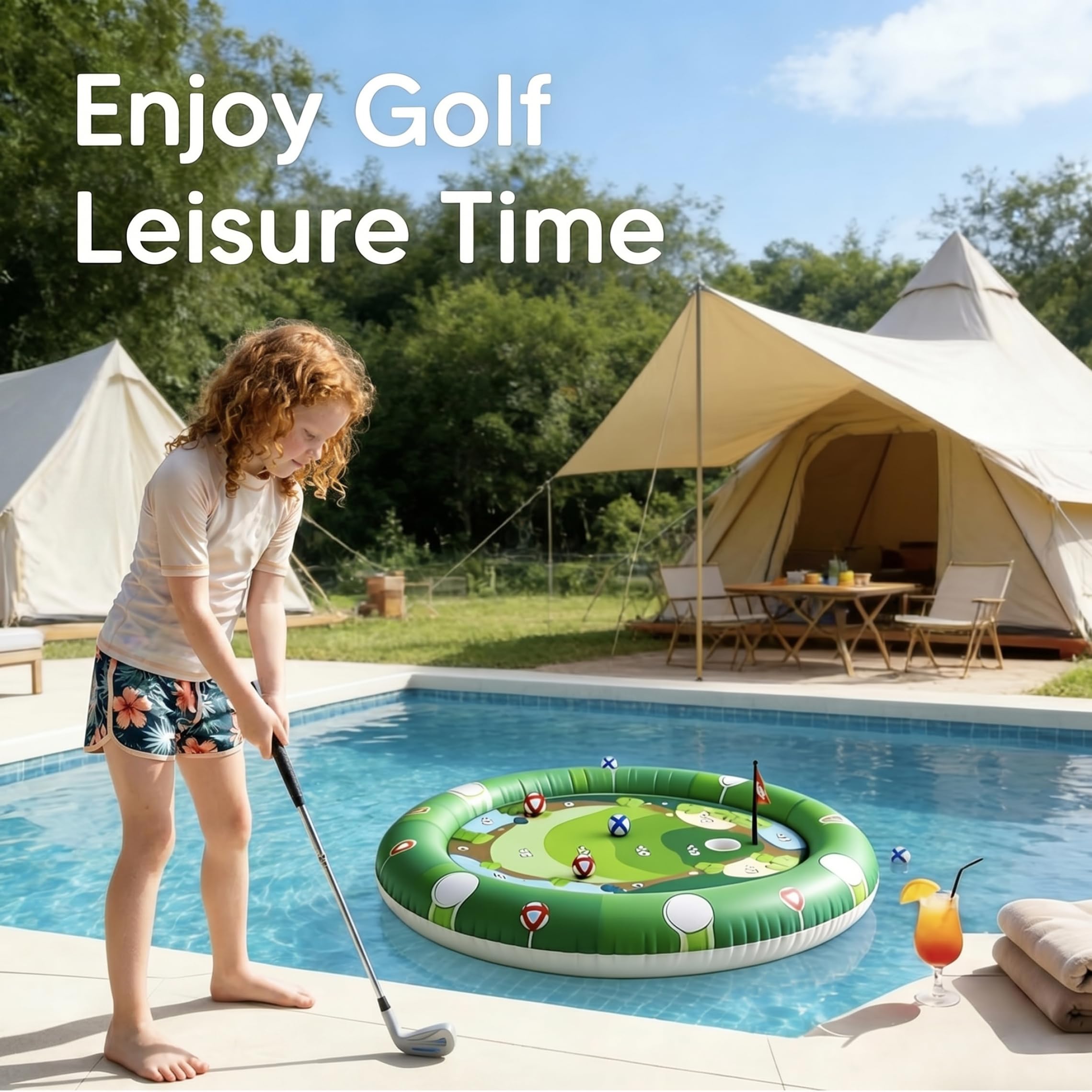 Aufblasbares Pool-Golfspiel, 43 Zoll schwimmendes Golfgrün für Pool-, Strand-, Hinterhof- und Sommerpartyspiele, Grün, 110 cm