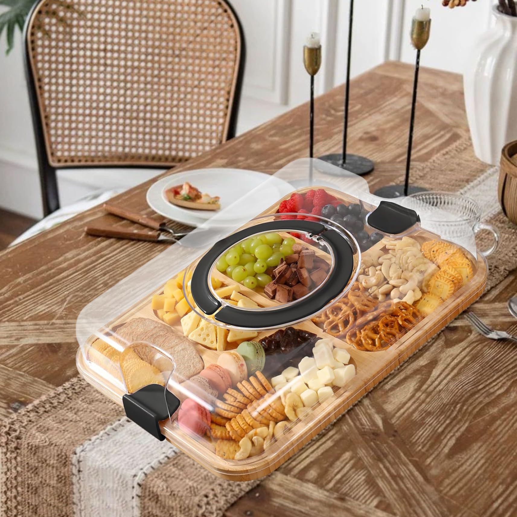 Planche à charcuterie avec Couvercle Planches à charcuterie en Bambou avec poignées de Couvercle Transparentes Plateau de Service 6 Compartiments pour collation Cuisine