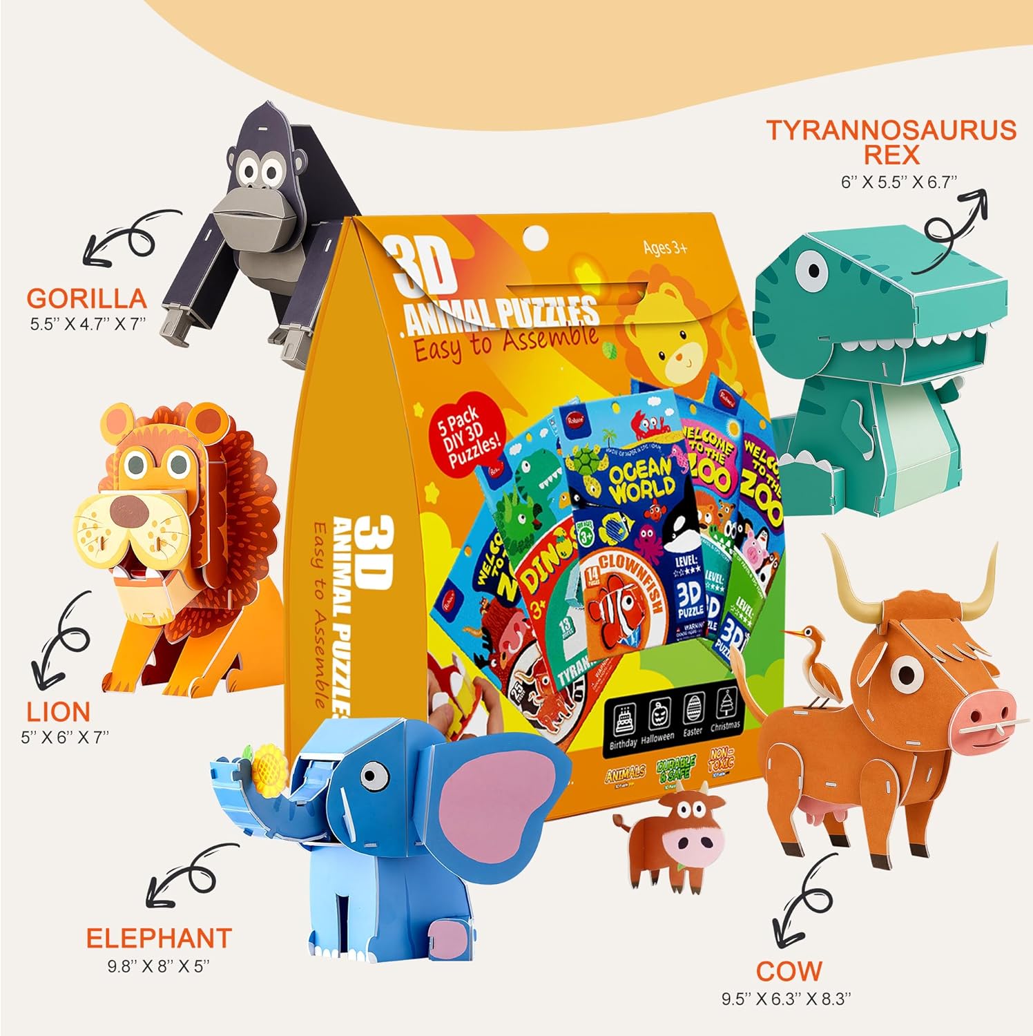 3D Animal Puzzles for Kids Ages 4-8, DIY Educational Paper Craft Kit, 5 Cartoon Animals STEM Learning Toys for Boys and Girls, Easy to Assemble, Birthday Gifts