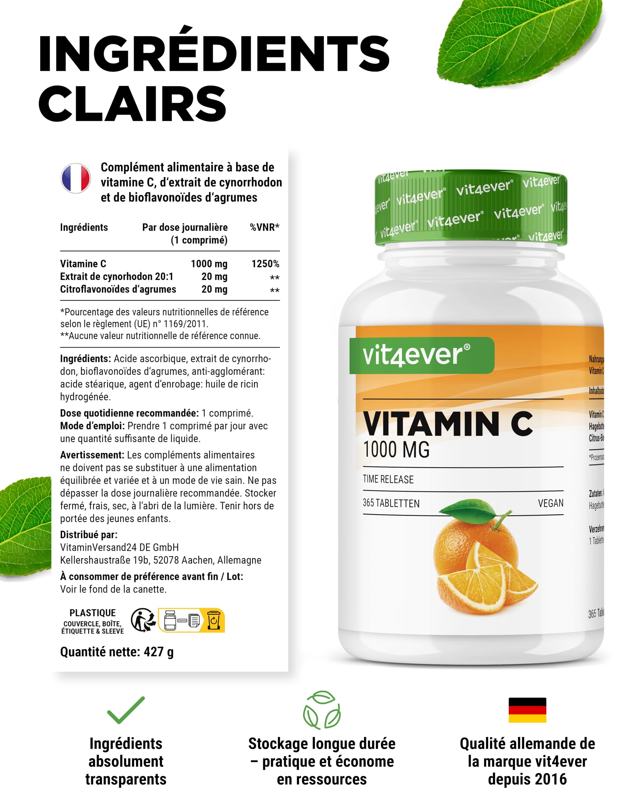 Vitamine C 1000 mg - 365 Comprimés - Format 12 Mois - Time Released Effekt - Comprimé avec Vitamine C + Extrait de Cynorhodon + Bioflavonoïdes d’Agrumes - Végétalien