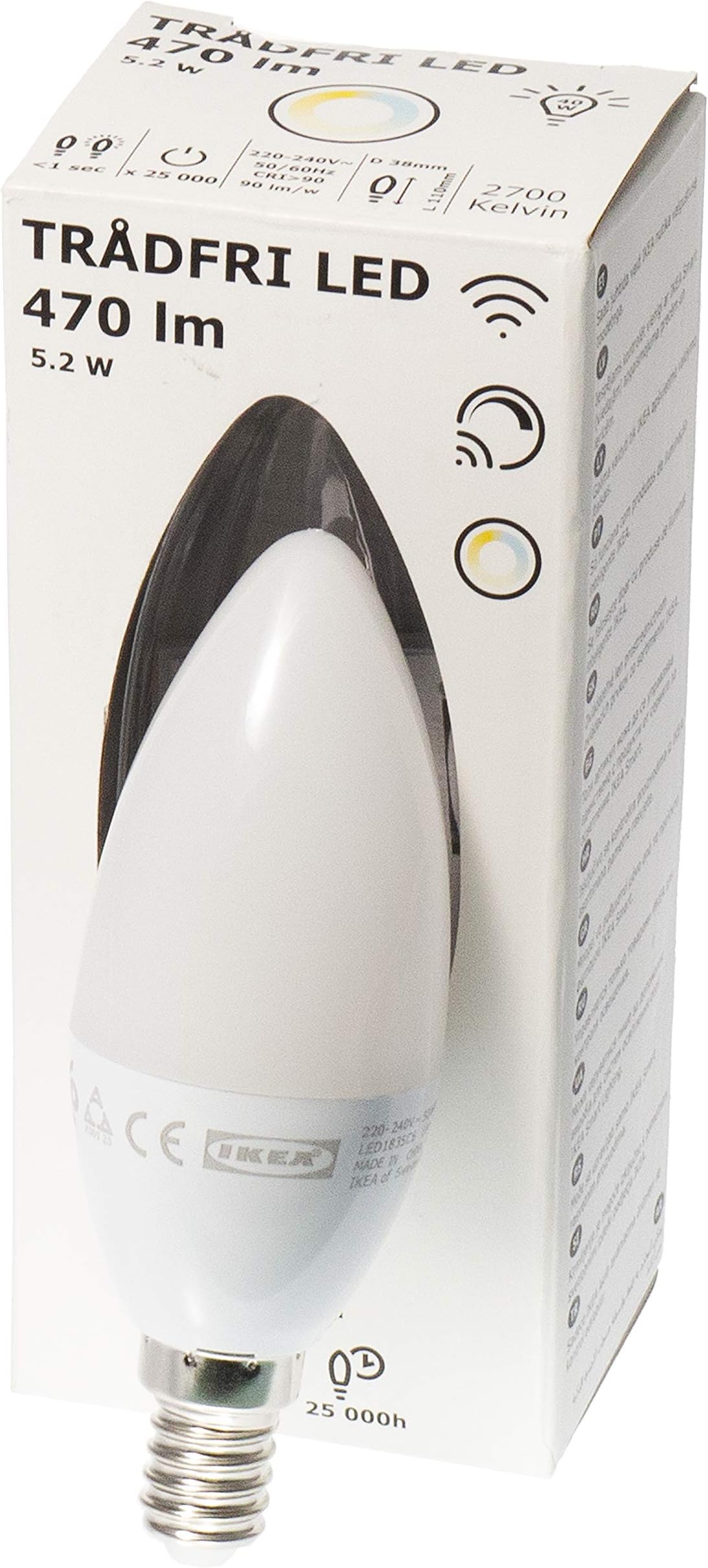 Ikea TRADFRI (Zigbee) E14 Smart Dimmable LED Candle Bulb, White Spectrum, 470lm, 5.2W, Opal