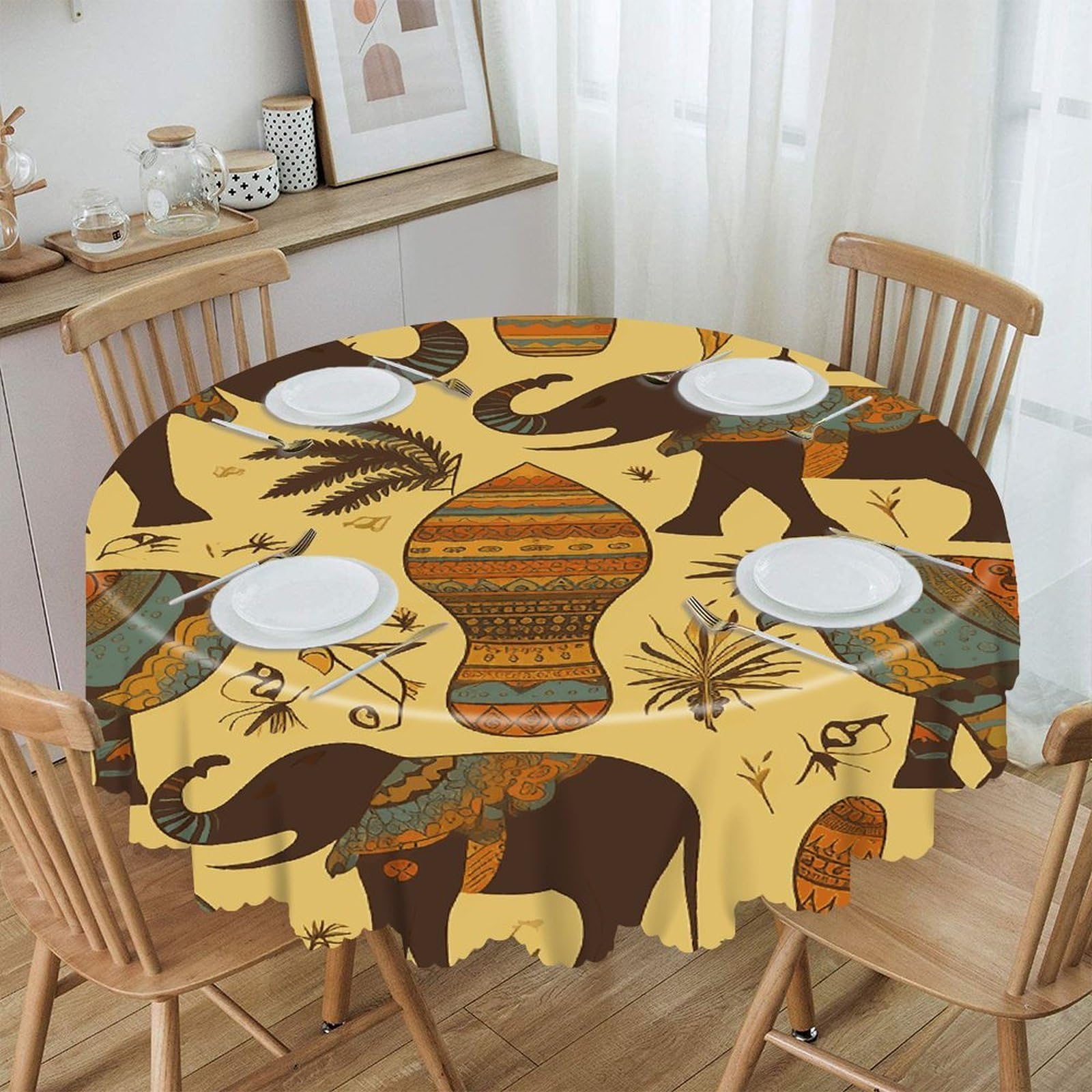 VstaDank Africa Elephant Round Tablecloth 60 Inch Easy to Clean Circle Table Cover Thick Decorative Round Polyester Table Cloth for Dining Kitchen Party Farmhouse Outdoor