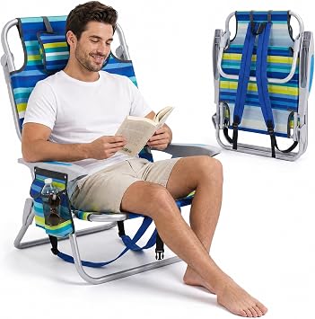 Beach Chair for Adults, Portable Recliners Chair with 5-Position Lay Flat Reclining,Folding Backpack Beach Chair with Towel Bar, Zipper Pouch, Cup Holder, Headrest