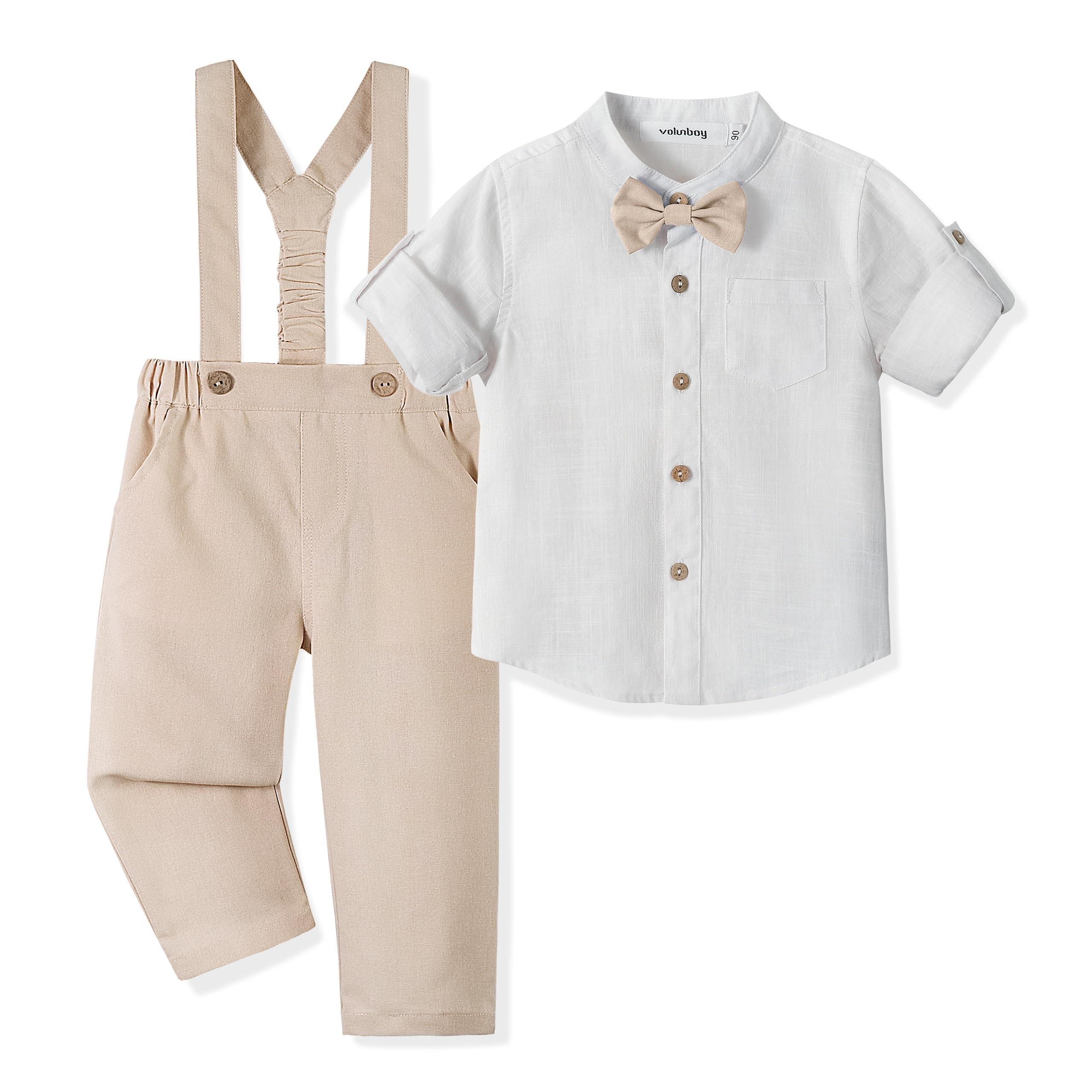 Volunboy Ensemble Costume Bébé Garçon, Coton Lin Cérémonie Formel Mariage 4 Pièces Noeud Papillon Chemise + Pantalon Bretelle
