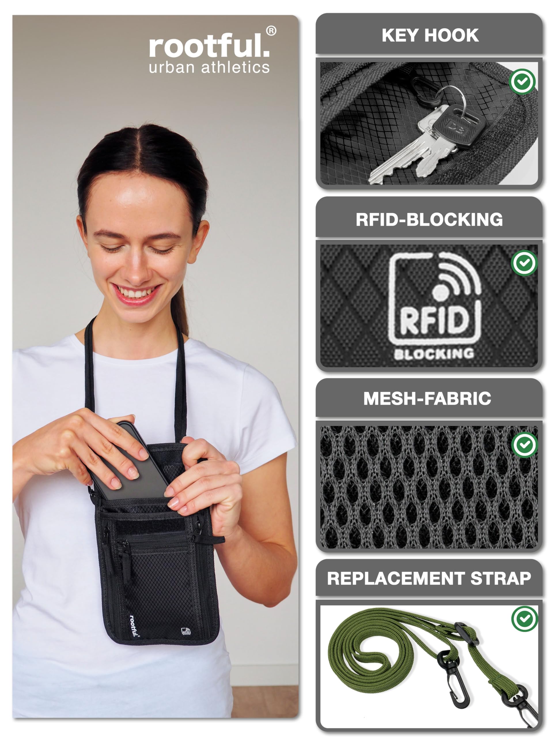 rootful.® Portadocumentos de Viaje RFID – Cartera de Cuello Impermeable con Correa Ajustable, para Pasaporte, Documentos, Dinero, Smartphone y más, con 6 Bolsillos para Hombre y Mujer
