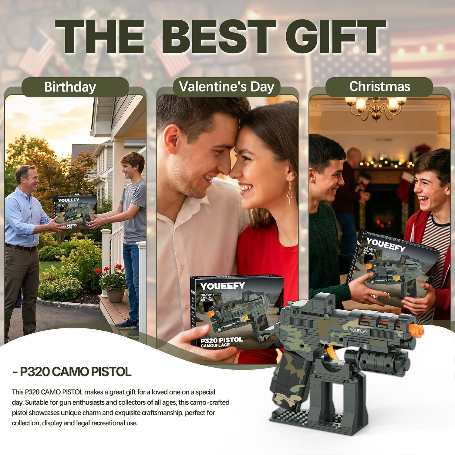 1:1 Pistol Building Blocks Set, 400+ Pieces, Building Blocks Model Gun Toy for Adults & Kids 14+, Unique Collectible Gift for Christmas, Birthday, Military Fans (P320 Camo)