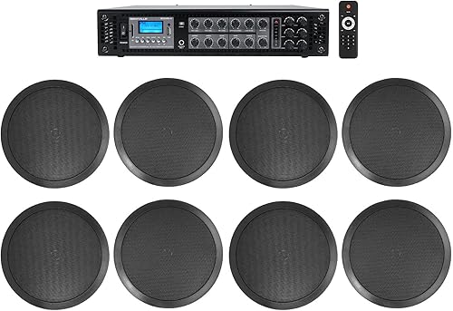 Rockville Amplificador de 6 zonas 70v+(8) altavoces de techo negros de 2 vías de 8 "4 restaurantes