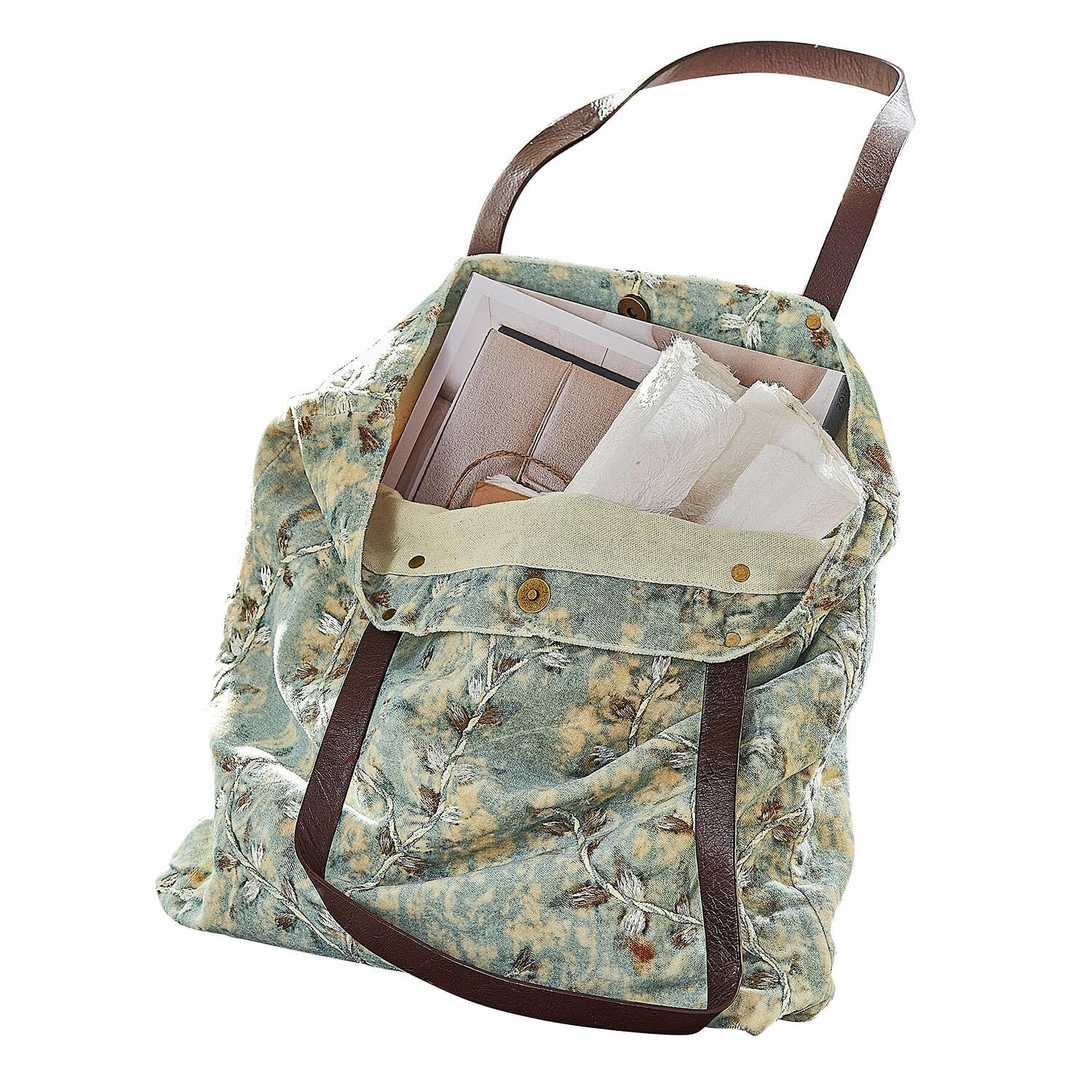 Loberon Tasche LaRoux - blau | Handbestickt, Echtleder-Henkel, mit Innentasche, Accessoire, Henkeltasche, Baumwollsamt, Büffelleder