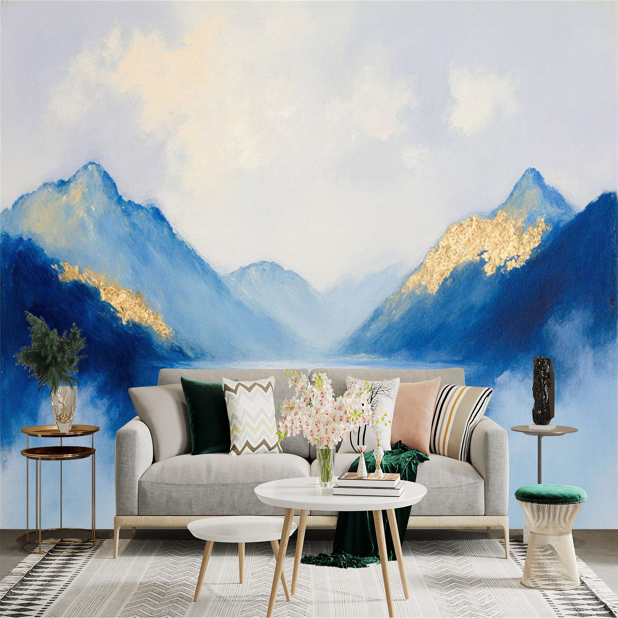 Custom Size Wall Sticker Mural， Blue Misty Mountains， Golden Foil Peaks， Serene Lake Scenery， Abstract Landscape Art， for wall Decoration， peelandstick wall Decals.