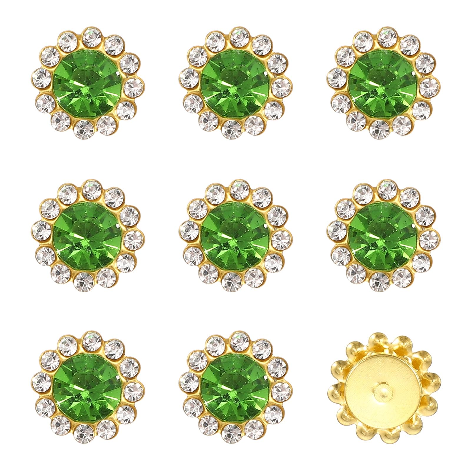 YELARXI 120Pcs 12mm Sew on Flower Rhinestones Crystal Glass Gems, Flatback Claw with Metal Base Crystals for Sewing Clothes Shoes Jewelry Belt Accessories, Light Green