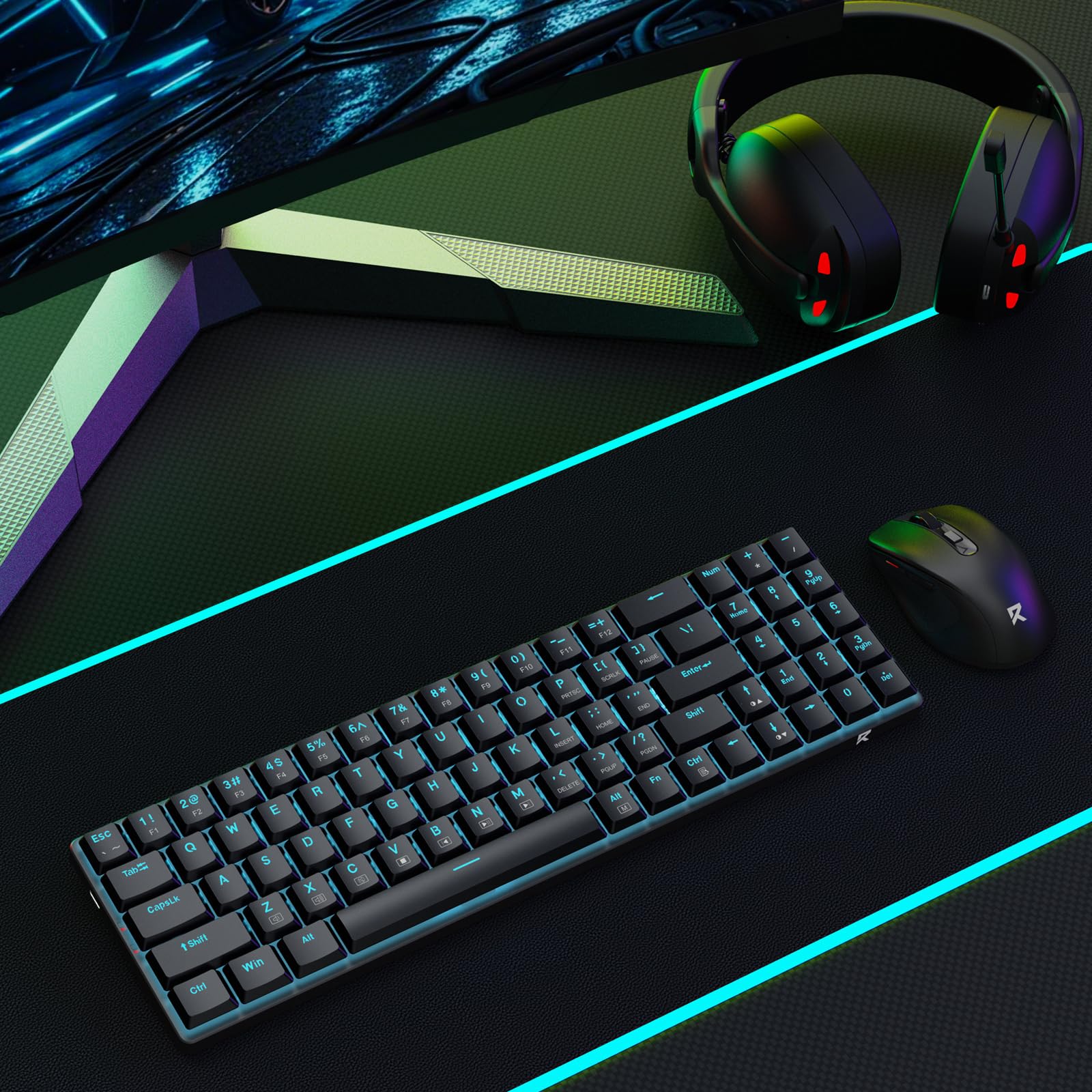 Redragon BS8773 Combos de teclados y ratones inalámbricos para juegos, 78 teclas, 2,4 GHz, teclado mecánico con interruptores marrones, diseño delgado y compacto con retroiluminación azul, ratón 2400