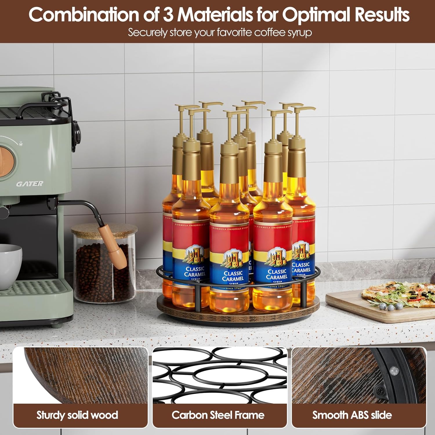 Nuovoware 9 Bottles Rotating Coffee Syrup Rack, Coffee Syrup Rack Organizer Carbon Steel Frame with Wooden Base Bottle Holder for Syrups Table Top Thermos Liquor, Brown+Black