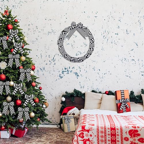 Miniatura 7 de 2 rollos20 yardas, cintas a cuadros en blanco y negro, cinta de borde con alambre a cuadros de diamante, cinta de envoltura para árbol de Navidad,