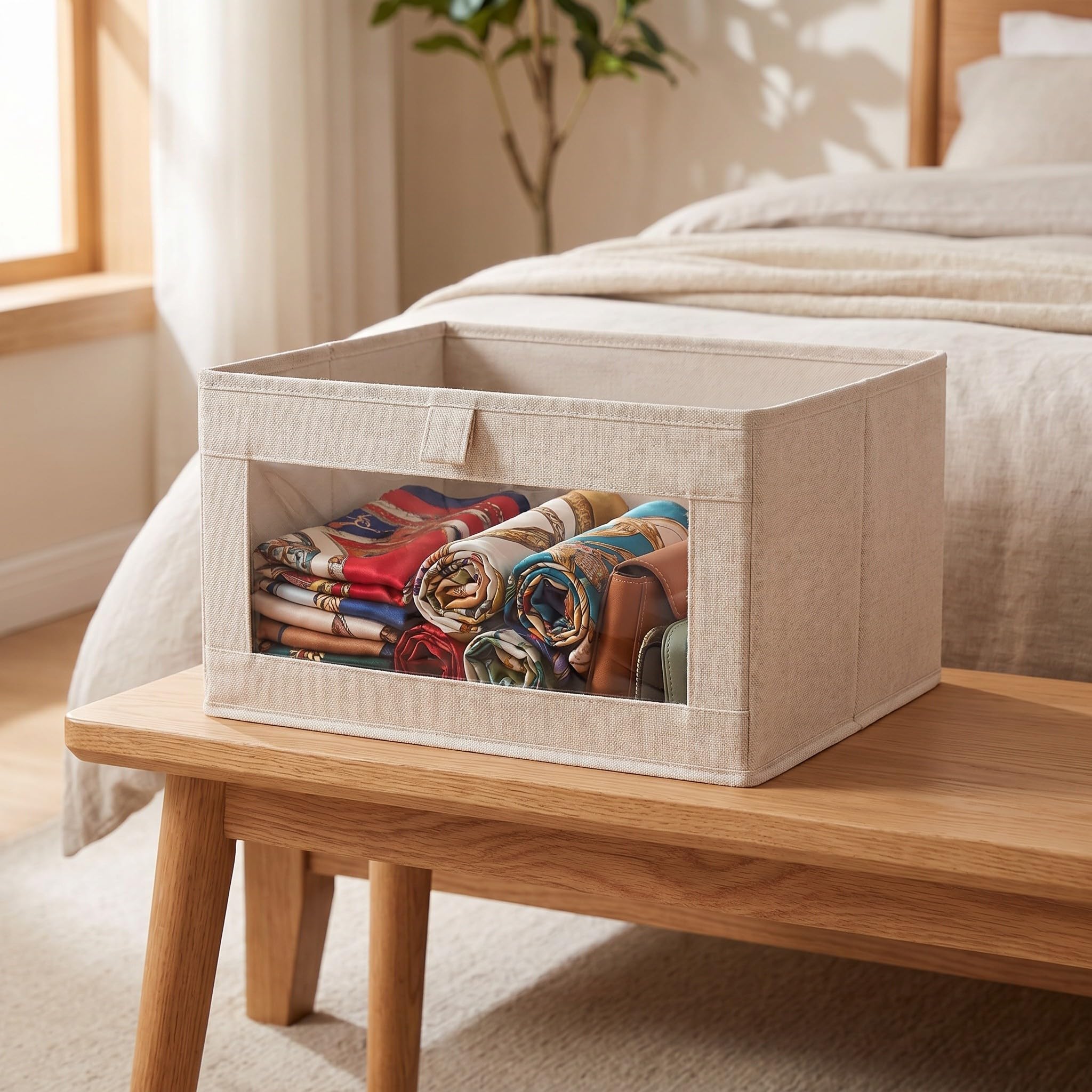 TOYANDONA 4 Piezas Caja de Almacenamiento Plegable Capacidad Grande Color Beige de Algodón y Lino con Ventana Transparente Resistente para Ropa y Edredones en Dormitorio o Armario