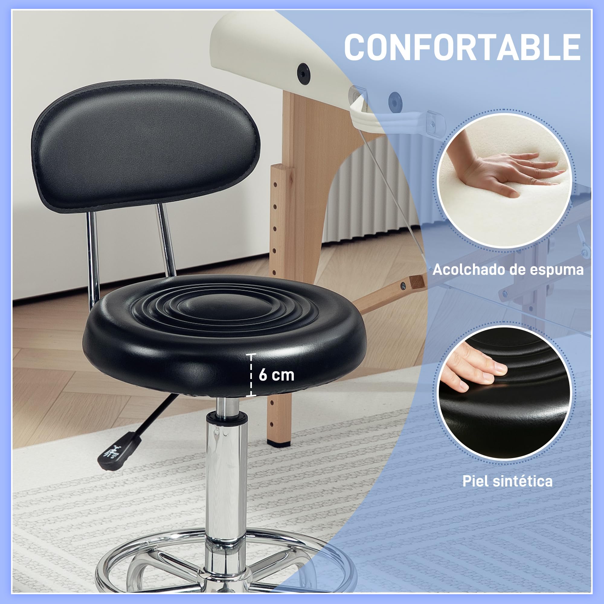 HOMCOM Taburete Giratorio con Ruedas y Respaldo Taburete de Trabajo con Altura Regulable 70-86 cm Asiento Tapizado de Cuero Sintético Negro