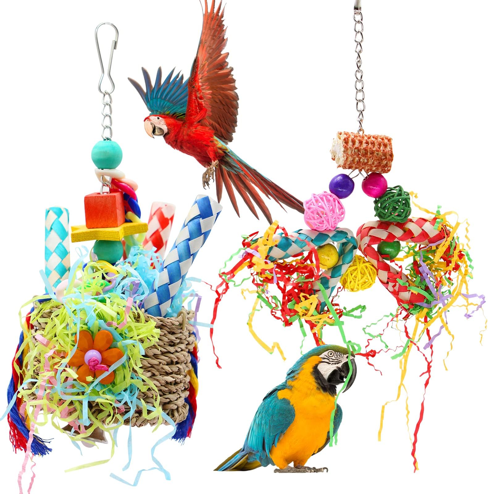 MQBird Toys Seagrass Foraging Basket Bird Toy with Colorful Crinkly Paper Wooden Blocks Paper and Bamboo Fingers Nuts DIY Honeycomb Tree for Small Medium Parrot Birds