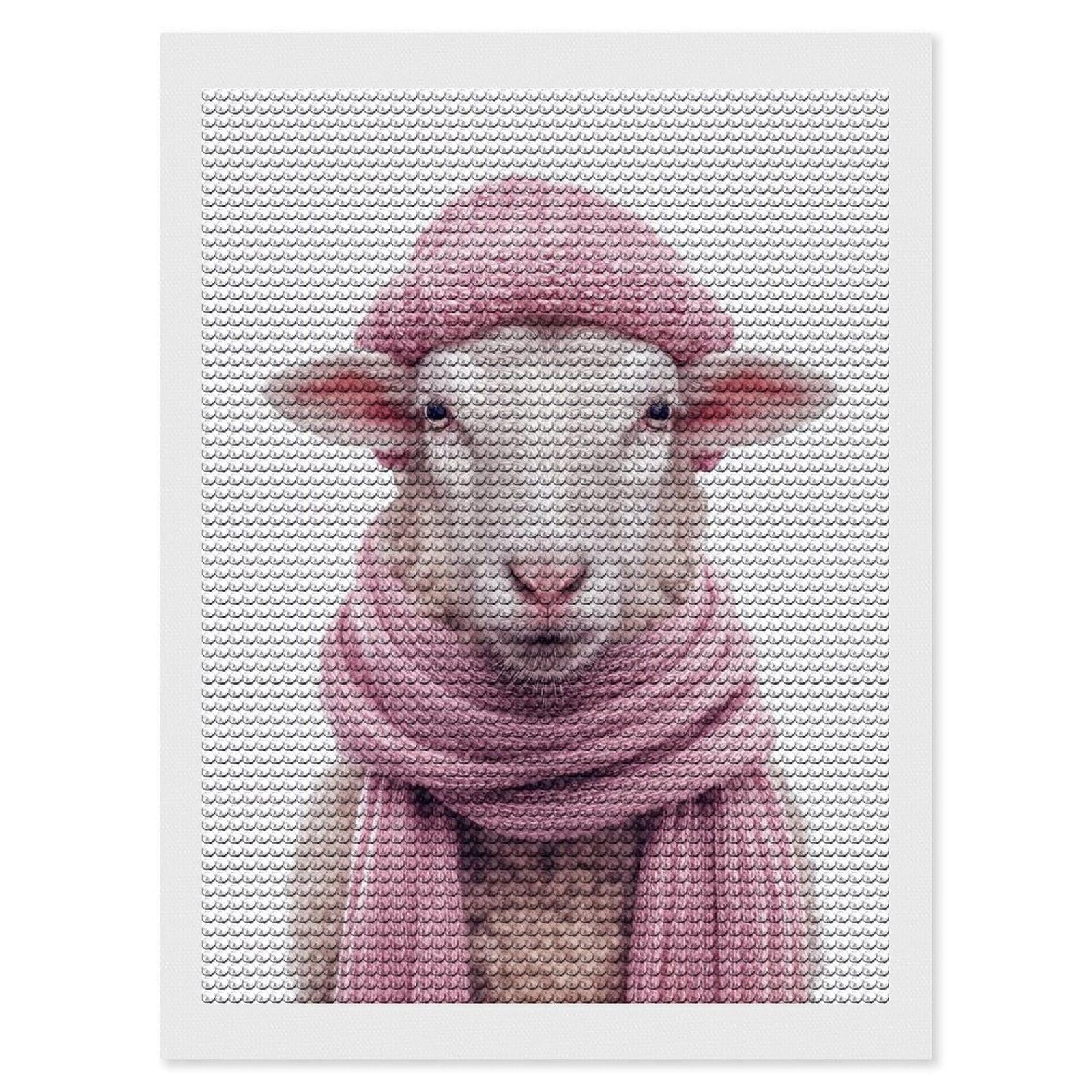 Junmoney Cozy Sheep in Pink Hat and Scarf Diamond Painting Set 12"x16", Full Kit Included, Sparkling Round Gems, Farmhouse Decor, Festive Craft Gift