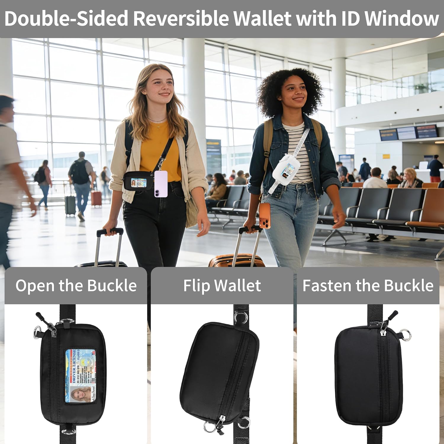 FUVLIFE Clip and Go Phone Strap Crossbody with RFID Wallet, Cell Phone Lanyard for Women, Detachable Wristlet Wallet with ID Window and Zip (Black) - Image 4