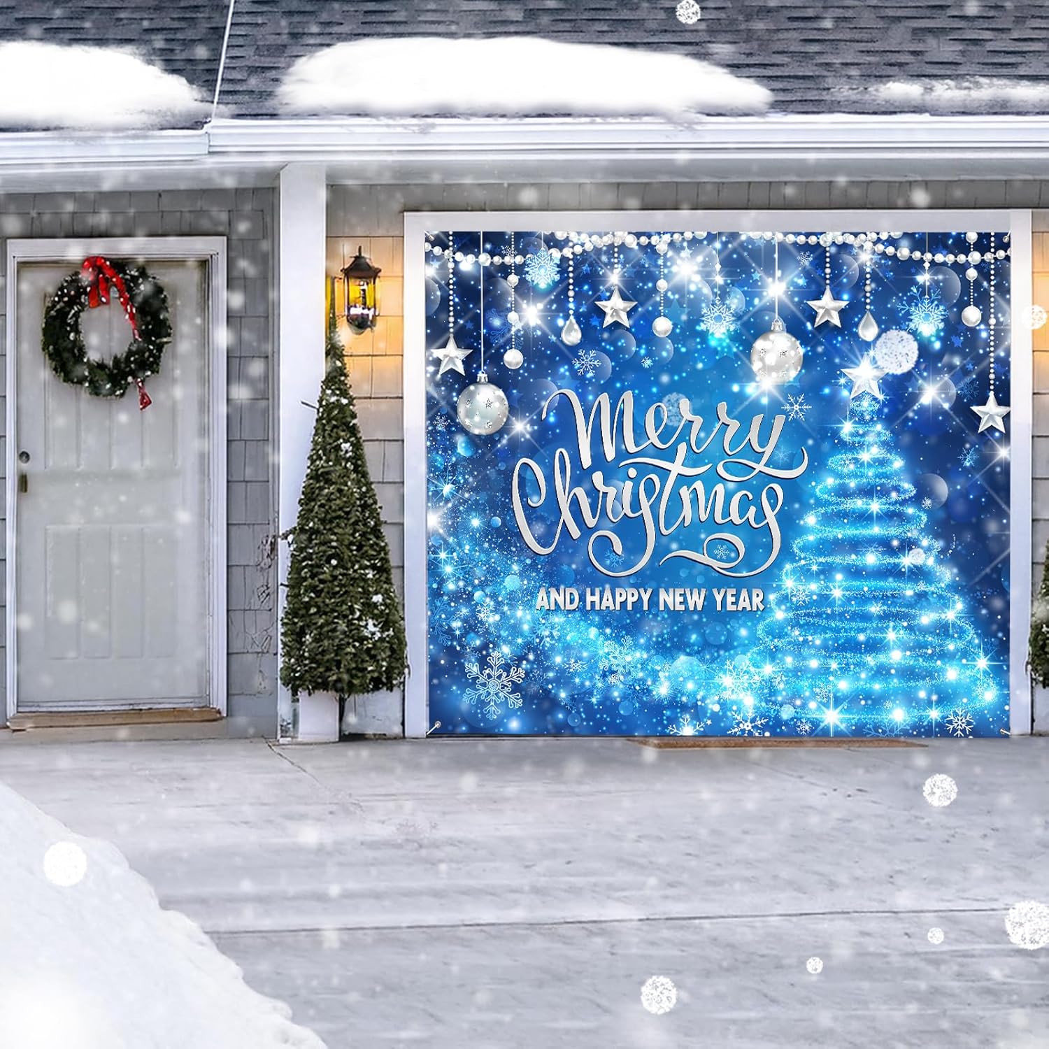 Christmas Garage Door Banner Cover 7 x 8 ft Blue Christmas Garage Door Decorations Large Merry Christmas Tree Snowflake Garage Wall Door Backdrop for Xmas Eve New Year Winter Outdoor Indoor Decor