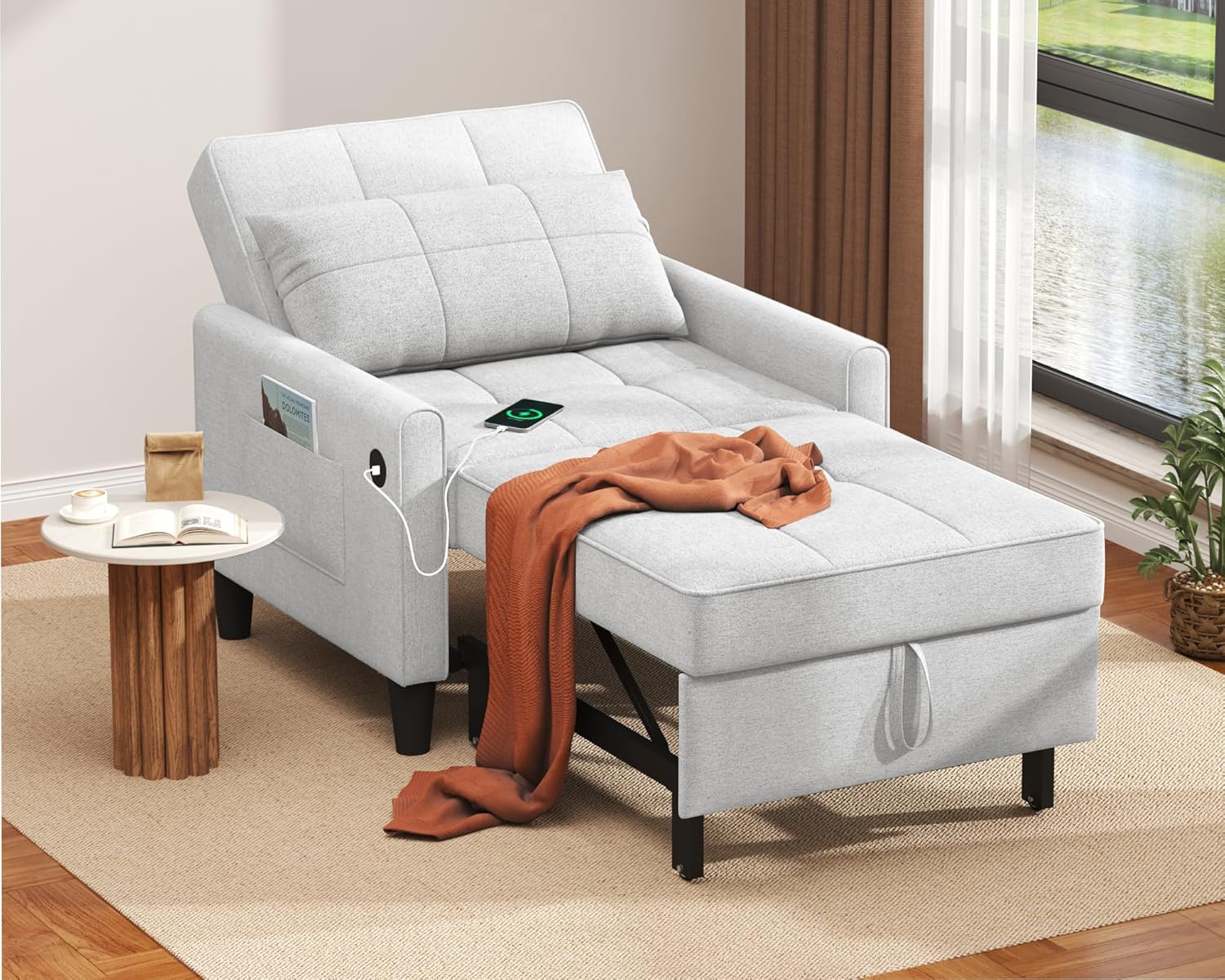 Fauteuil Convertible 3 En 1 Gris - Lit, Canapé Et Rangement Avec Ports USB Et Porte-gobelets