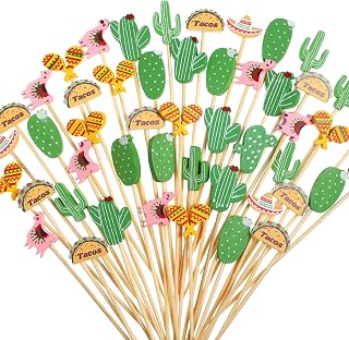 Fiesta Cupcake Toppers Mexican Fiesta Assorted Tropical Cocktail Toothpick Llama Cactus Mexican Hat Handmade Bamboo Toothpick for Fiesta Cinco De Mayo Carnival Festival Holiday Supplies (200 Pieces)
