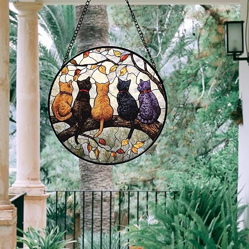 Miniatura 7 de Colgante de vidrieras para colgar en la ventana, 5 gatos en una rama, para puertas de ventana, decoración del hogar y Navidad, Día de la Madre, Día