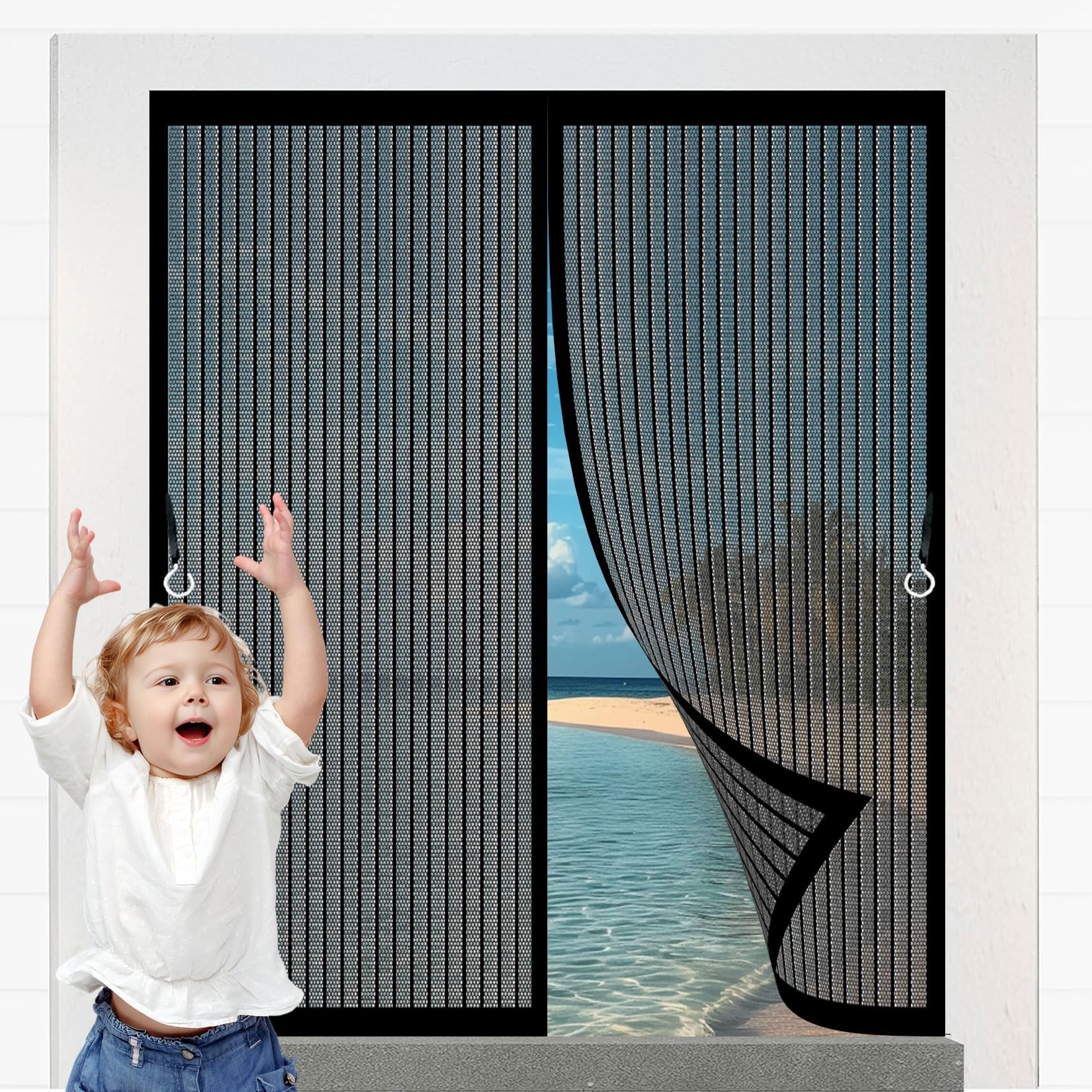 Mosquitera para Puertas y Ventanas 142 x 130 cm Protección Contra Insectos, Varios Tallas Cortina Mosquitera Exterior sin Taladrar, Fácil de Instalar para Ventana, Puerta, Negro