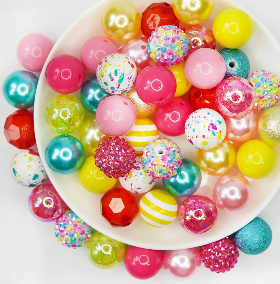 Contas de chiclete de 20 mm para fazer canetas, 50 peças de contas de caneta grandes, mistura a granel de contas de bolha, contas coloridas de strass para fabricação de joias (amarelo-rosa