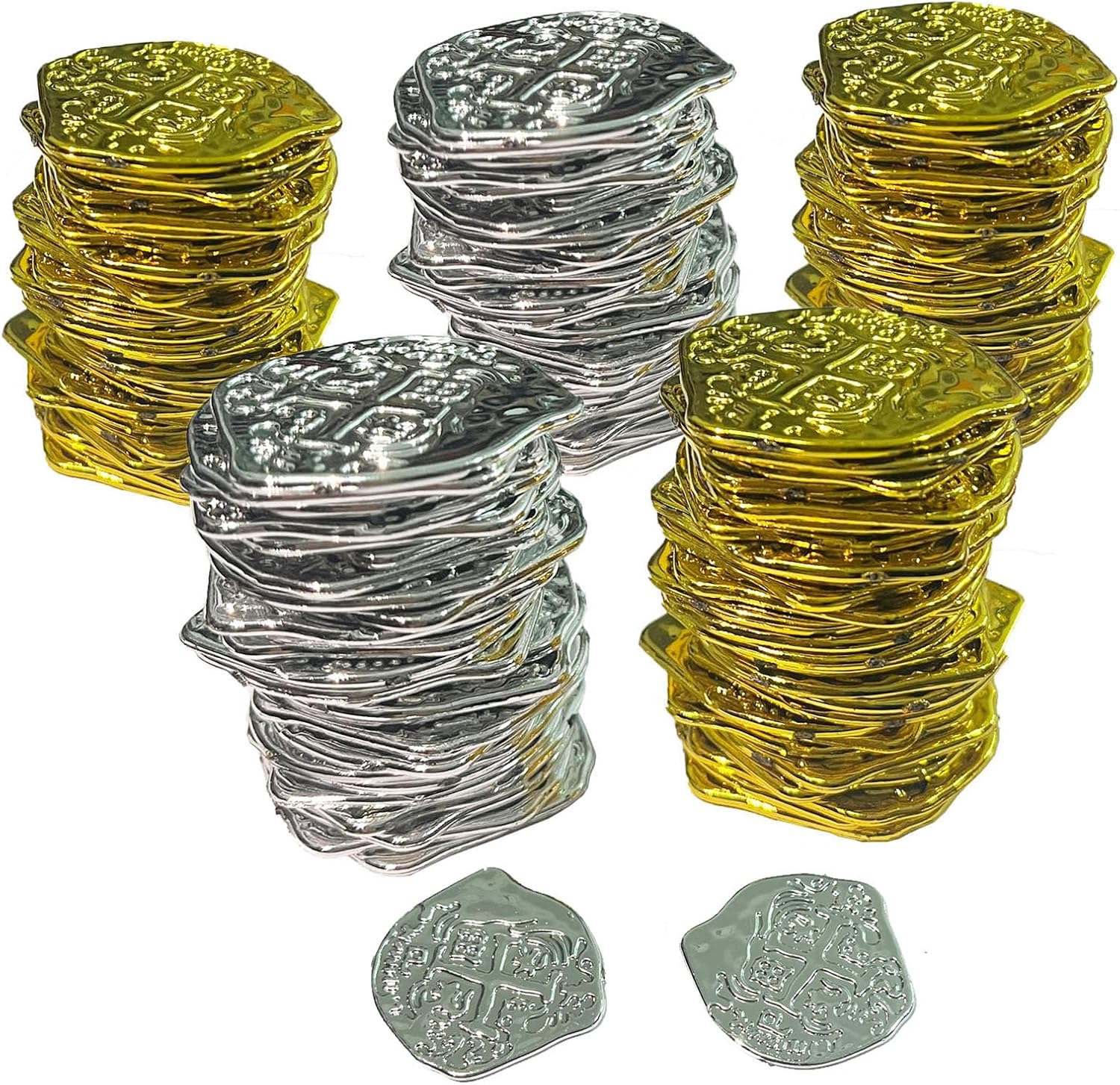100 Pcs Pirate Coins Plastic Coins Fake Play Coins Replica Spanish Doubloons for Halloween Pirate Adventure Themed Party St. Patrick's(Silver+Gold)
